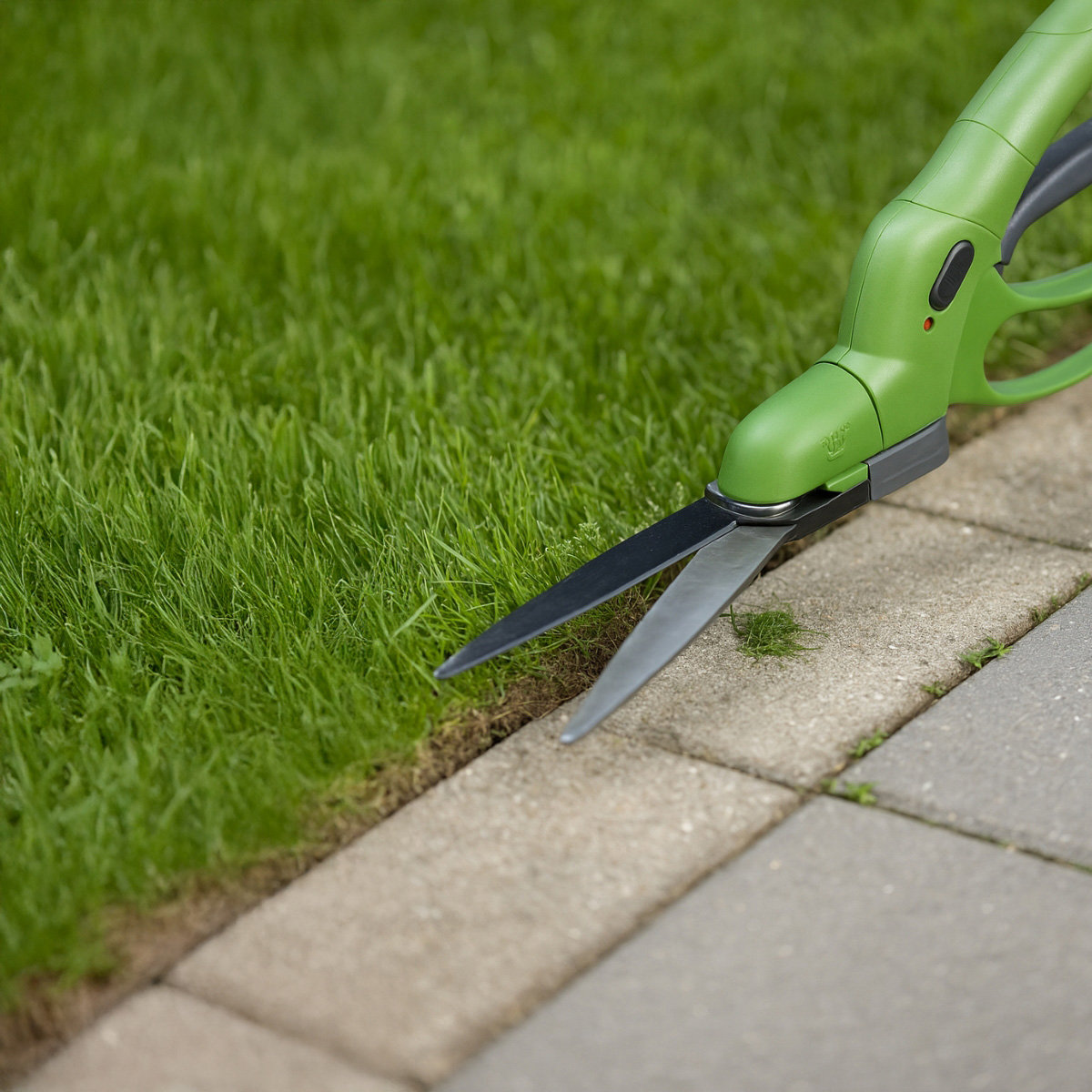 Groene grasscharen die gras snijden. De scharen staan dicht bij de grond, snijden langs de rand.