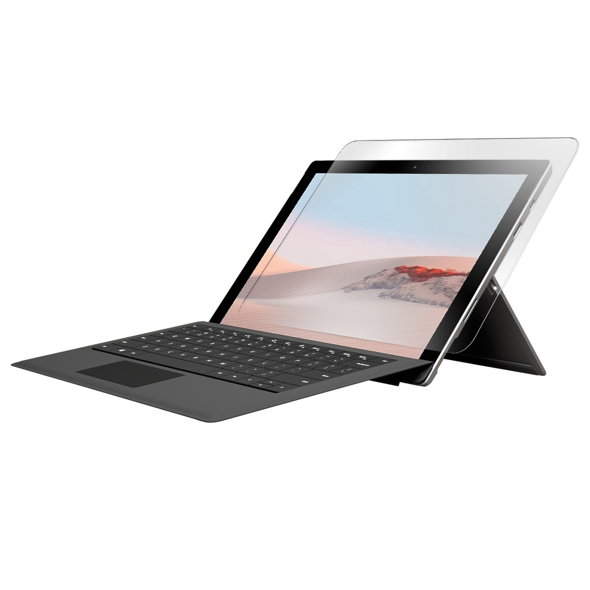 Laptop nero con protezione schermo su sfondo bianco, in posizione aperta.