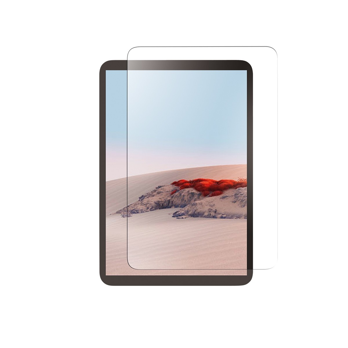 Tablet con protezione schermo, mostra un paesaggio desertico. La protezione è trasparente e montata.