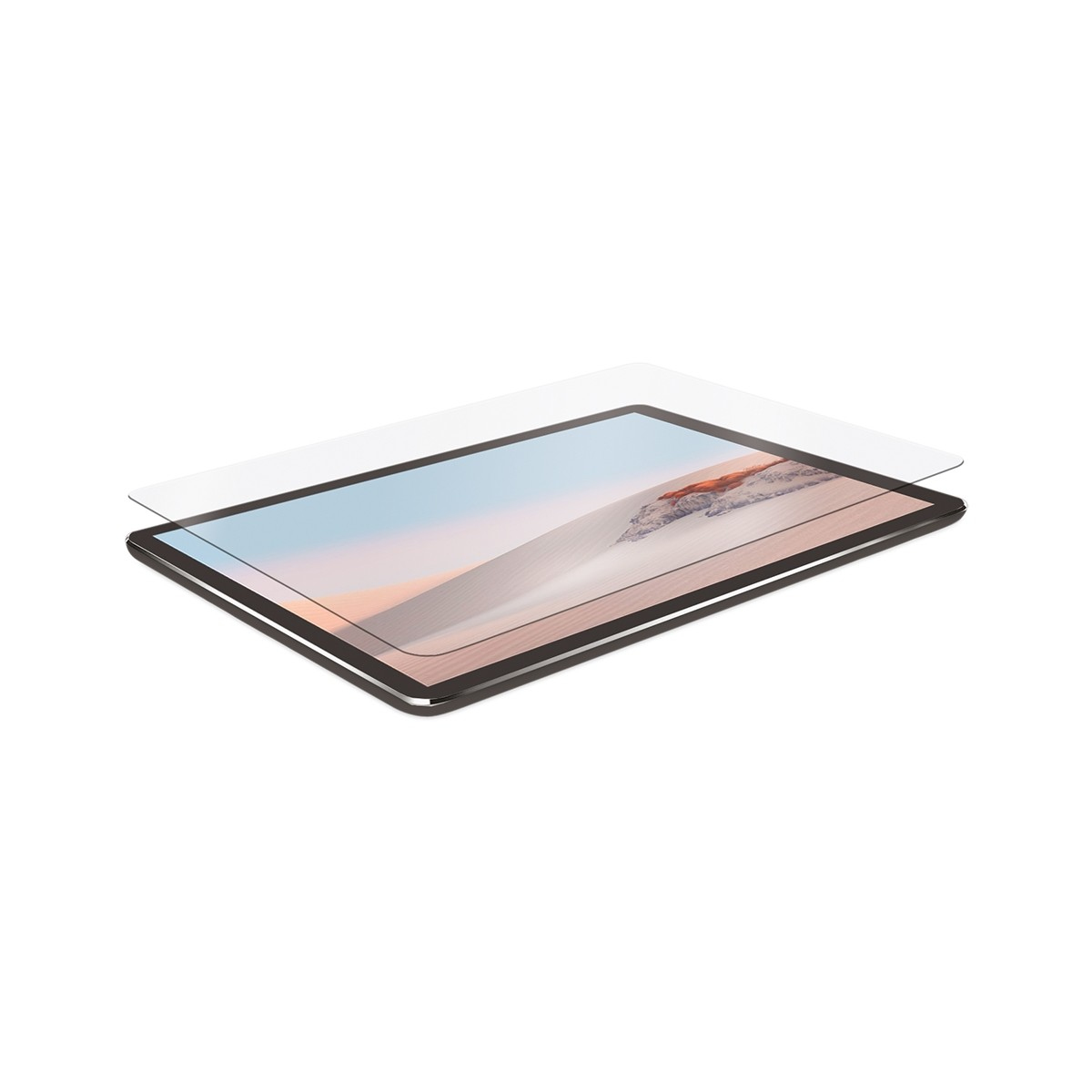 Tablet con protezione schermo. La protezione è trasparente, copre lo schermo.