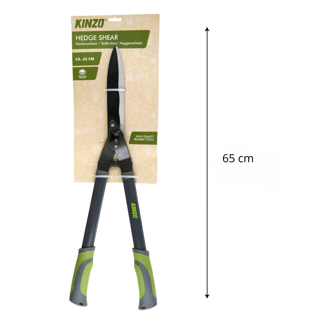 Heggenschaar, zwarte bladen, groene handvatten, op witte achtergrond met maatlabel.