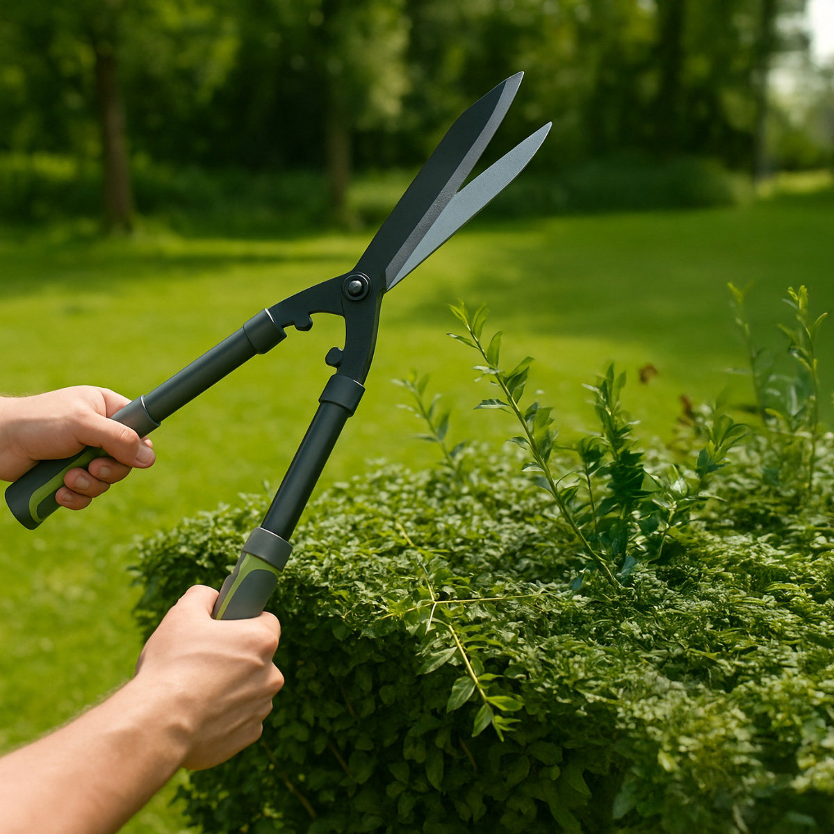 Handen die een haagschaar gebruiken om een struik te snoeien. Groene schaar snijdt groene bladeren.