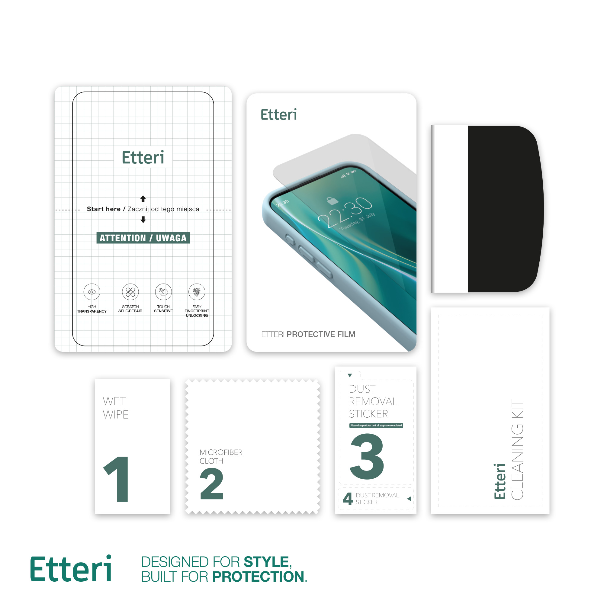 Zestaw do nakładania folii ochronnej na telefon. Zawiera instrukcje i narzędzia.