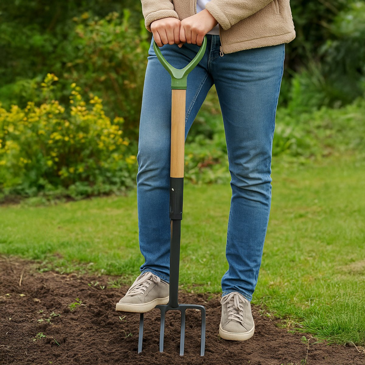 Een persoon die een tuinvork gebruikt in een tuin. De vork staat in de grond.