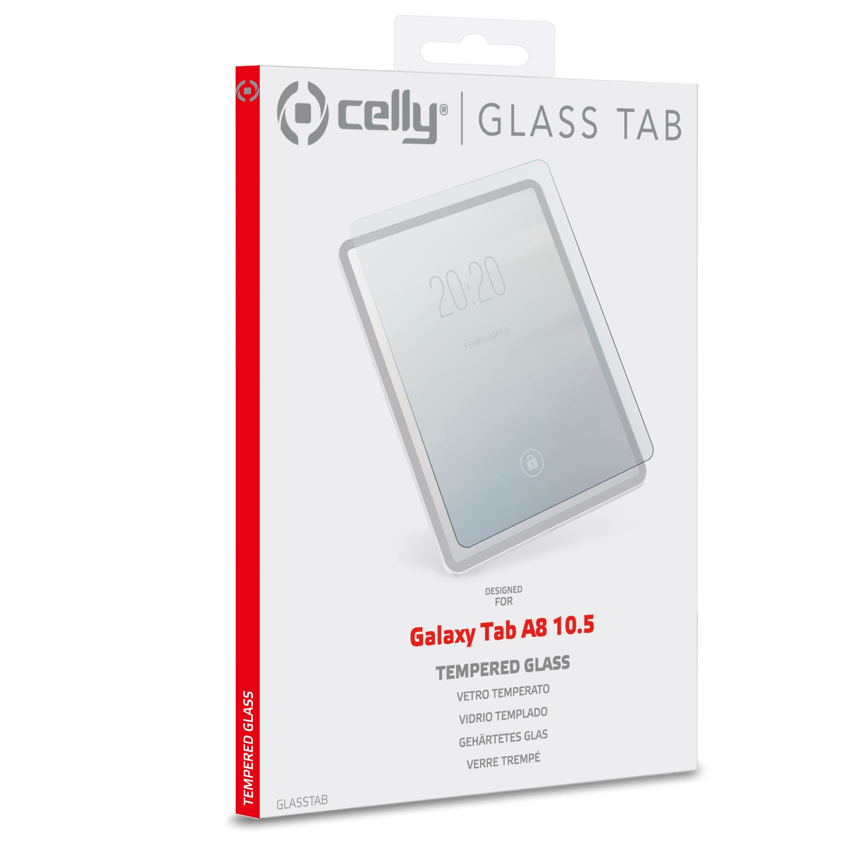 Scatola bianca con protezione schermo per tablet. Testo: 'TEMPERED GLASS', 'Galaxy Tab A8 10.5'.