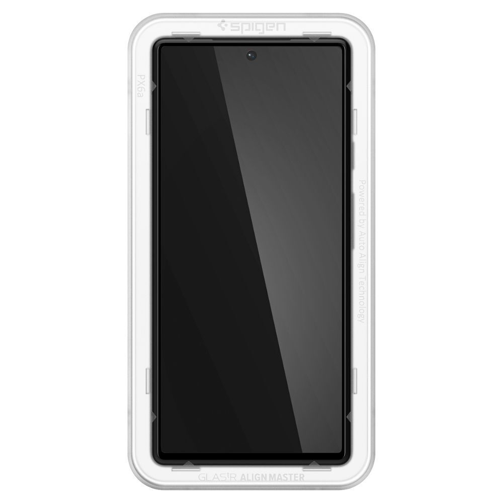 Telefon z zainstalowaną ochroną ekranu. Ochraniacz i telefon znajdują się w białej ramce. Ekran jest czarny.