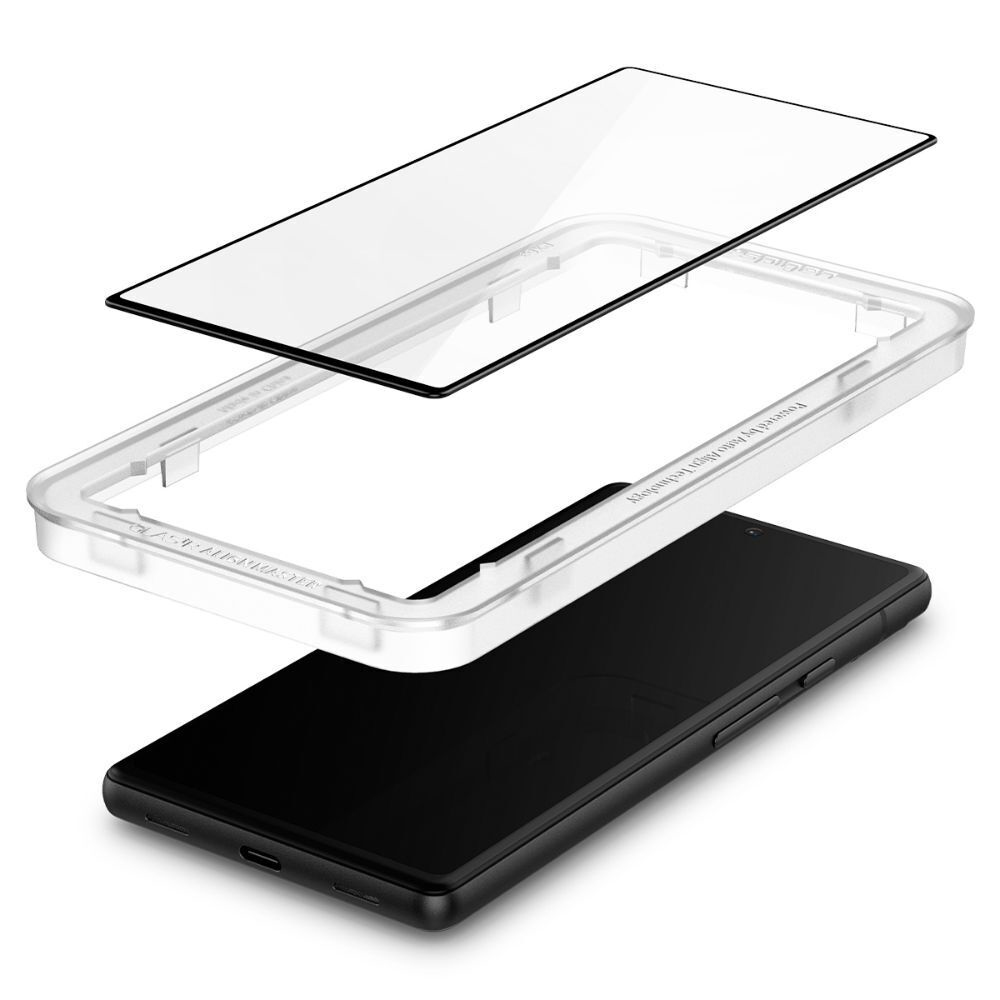 Czarny smartfon, ochraniacz ekranu i ramka. Białe tło. Elementy oddzielone.