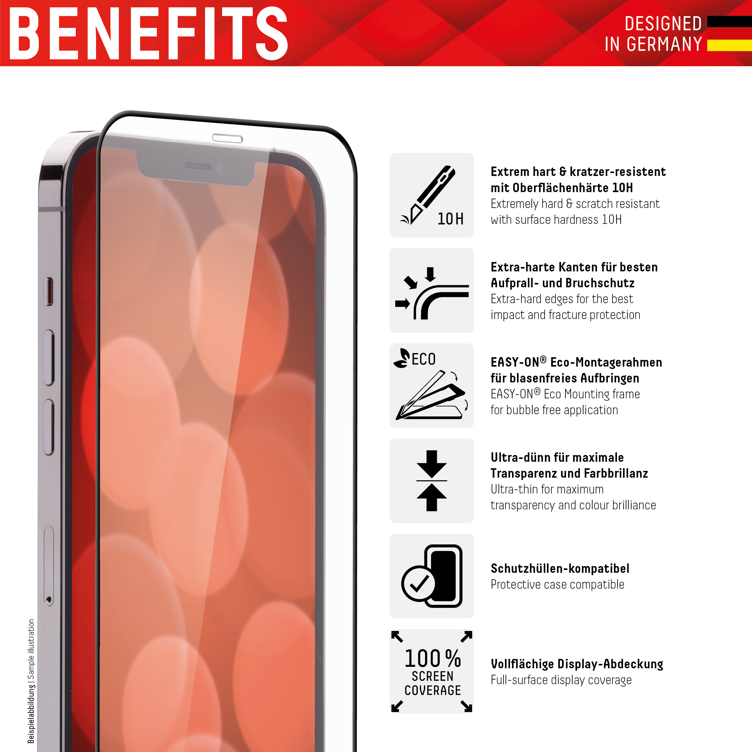 Telefono con protezione schermo, vantaggi elencati. Telefono bianco, protezione, icone, testo, sfondo rosso.