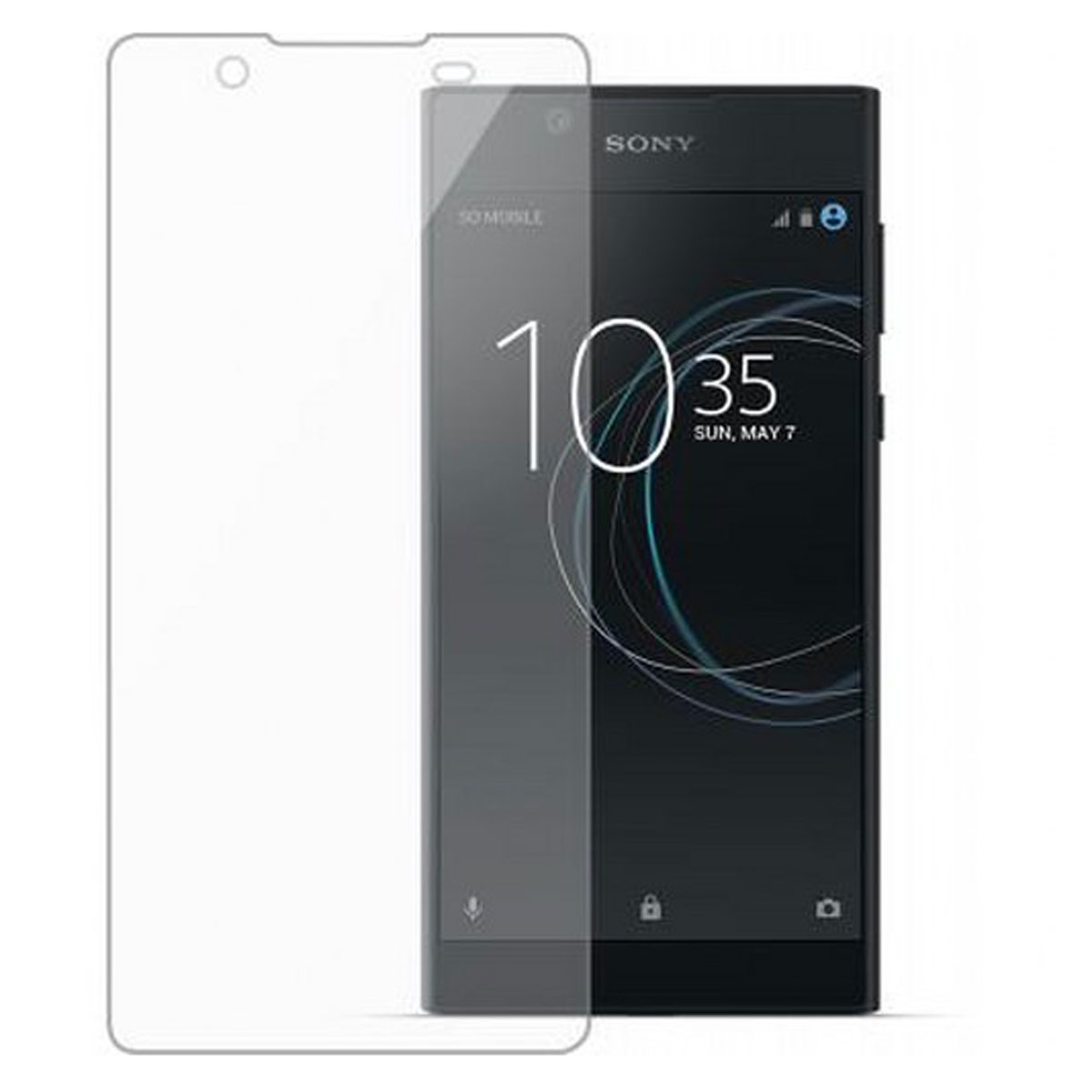 Smartphone con protezione schermo. Telefono nero con display che mostra l'ora, una protezione schermo trasparente.