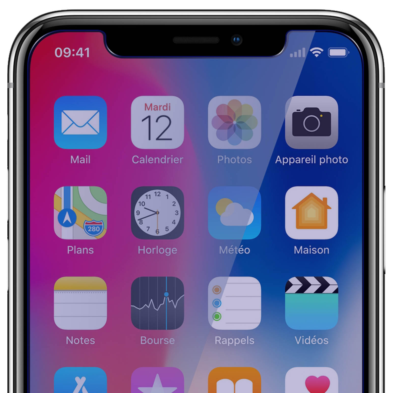 Primo piano dello schermo di un iPhone che mostra icone di app su uno sfondo blu sfumato.