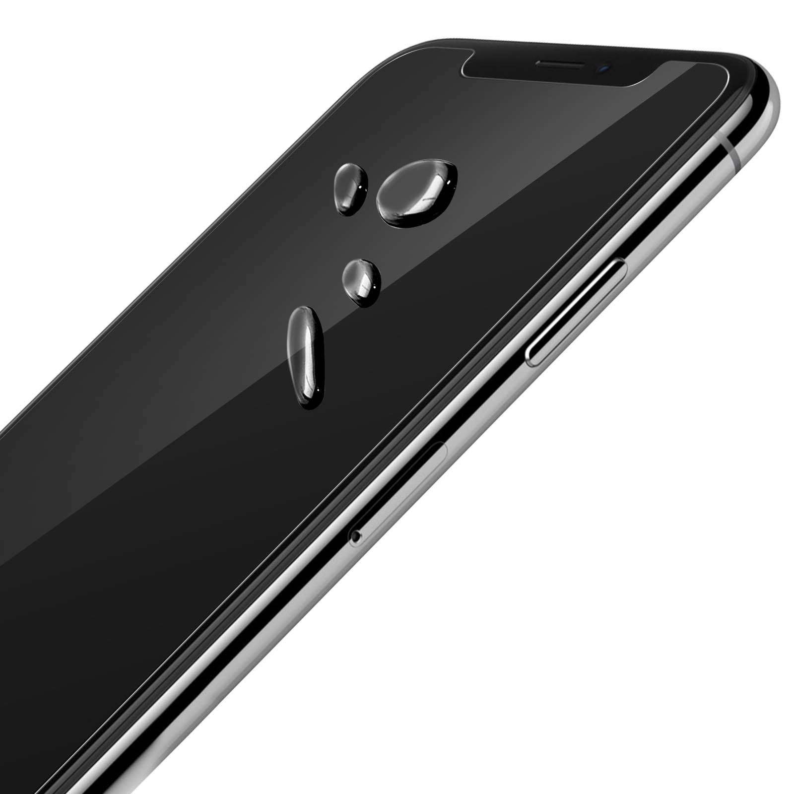 Primo piano del telefono con gocce d'acqua sullo schermo, che indica resistenza all'acqua.