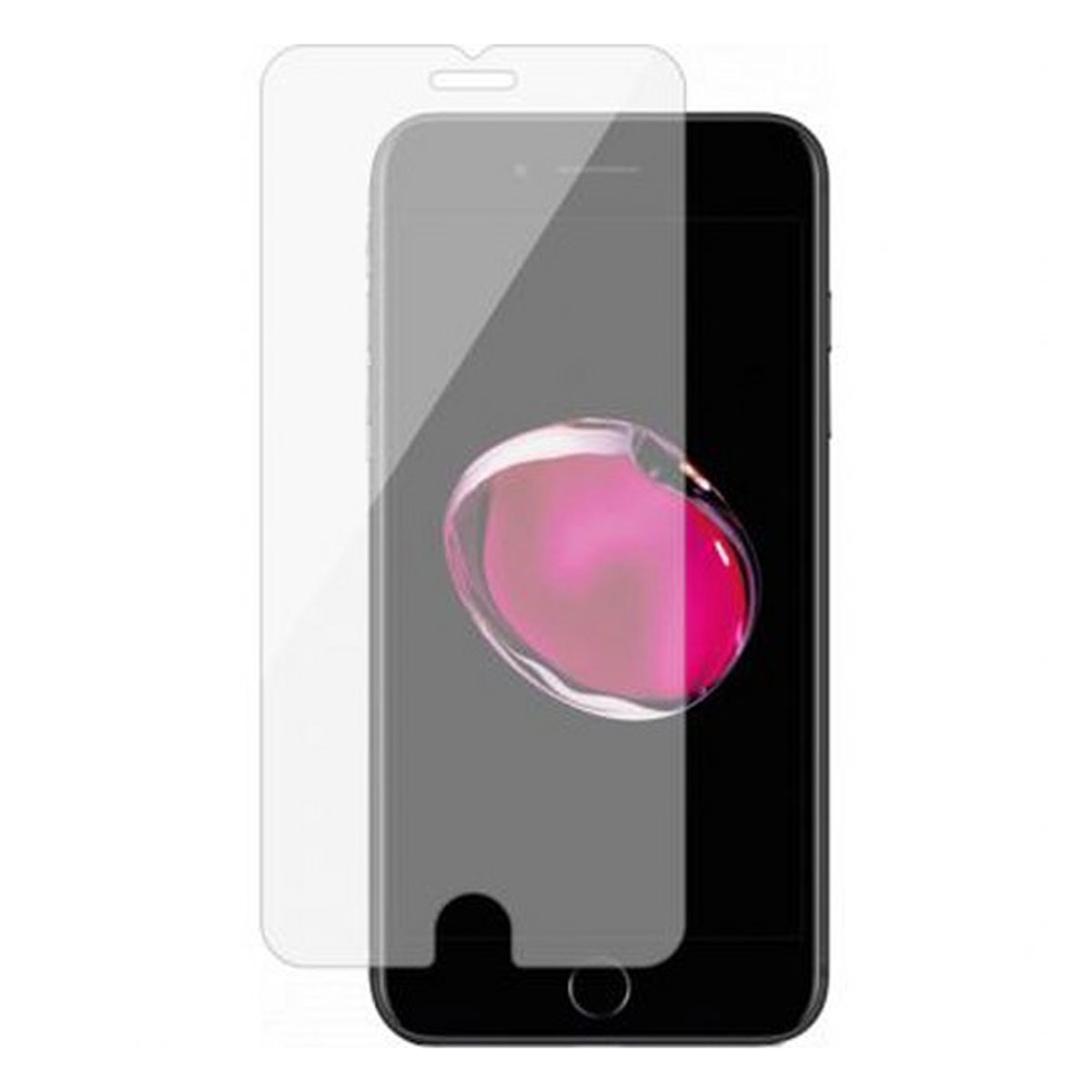 Een telefoon met een screenprotector. De telefoon toont een roze en rood ontwerp op een zwarte achtergrond.