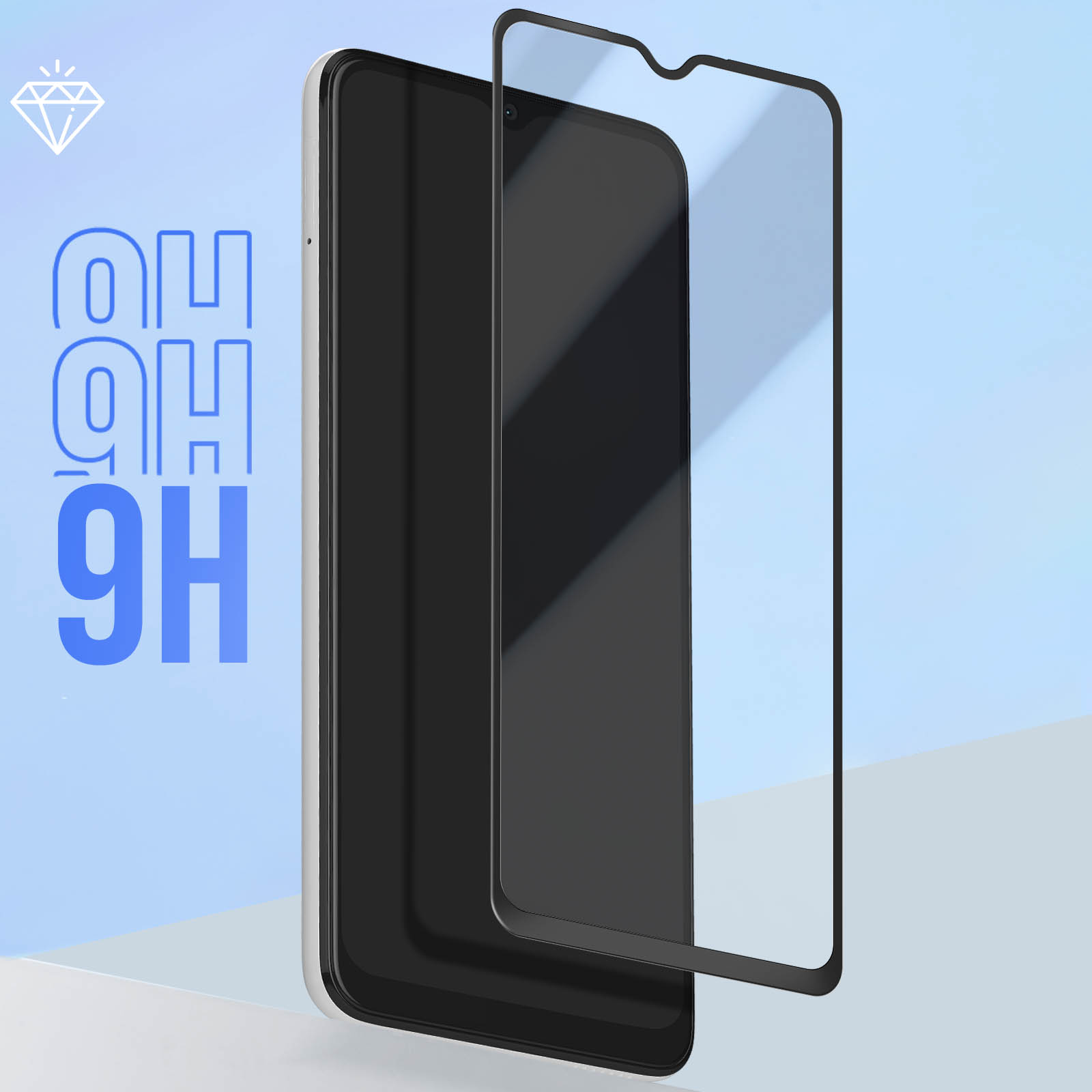 Telefono con protezione schermo. La protezione è sul telefono. Sfondo blu.