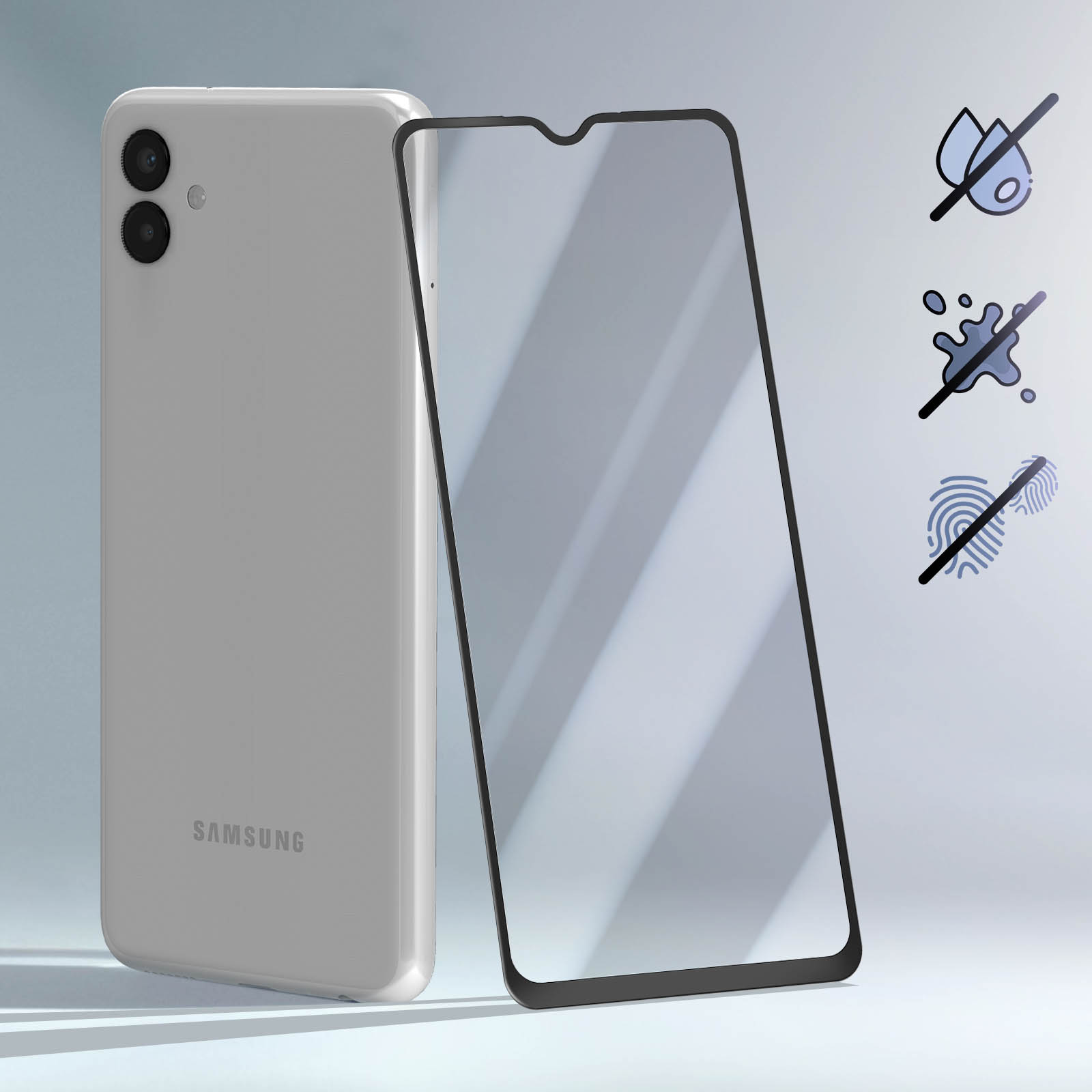 Un telefono Samsung bianco con protezione schermo è mostrato. Le icone a destra indicano resistenza all'acqua, alla polvere e alle impronte digitali.