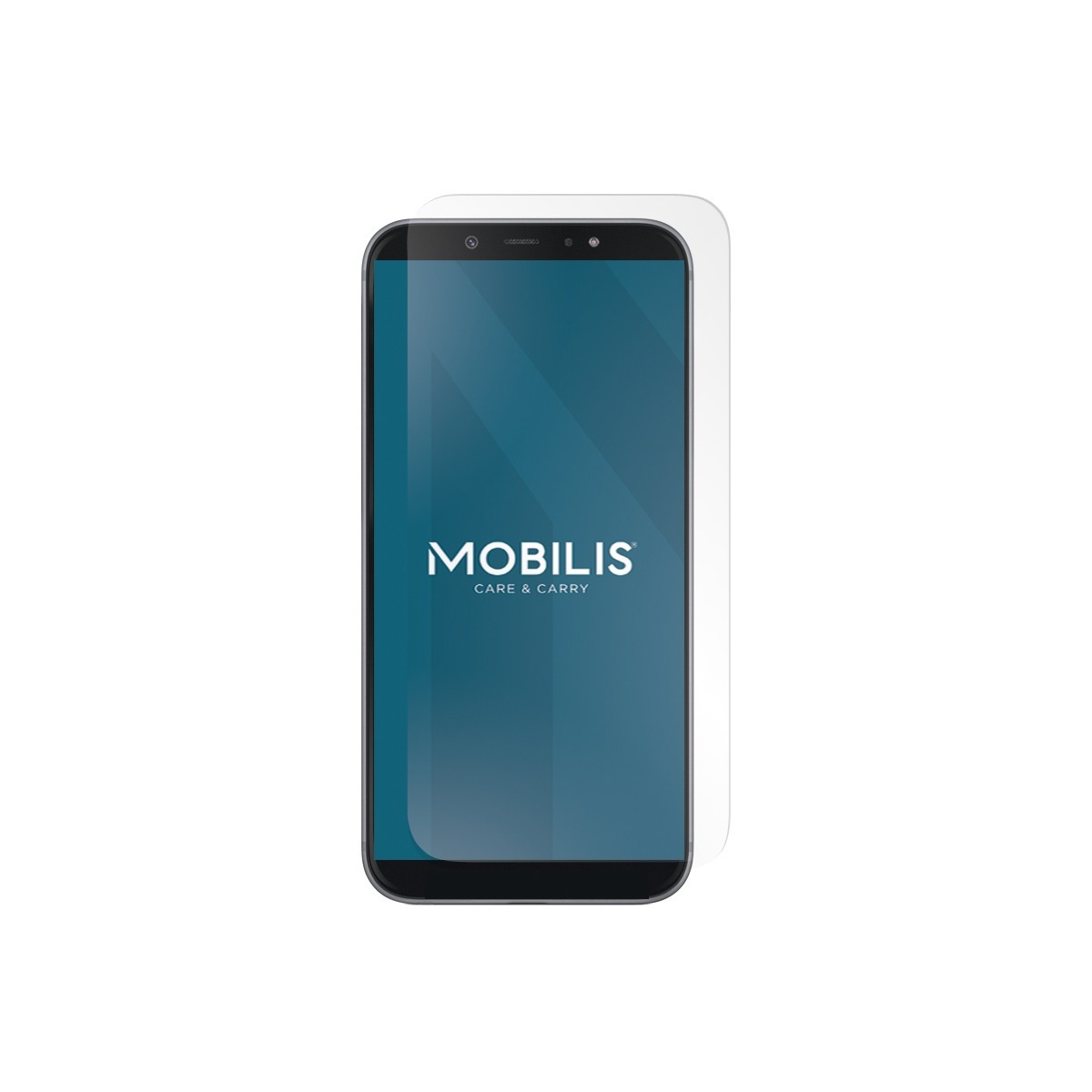 Telefon z logo MOBILIS i ochraniaczem ekranu. Ochraniacz znajduje się po prawej stronie.