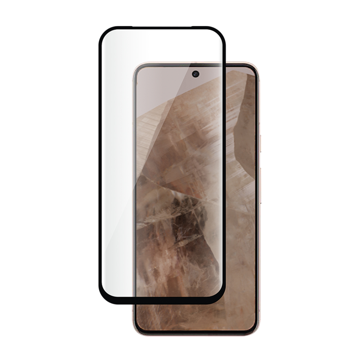 Smartphone met een schermbeschermer ernaast, op een witte achtergrond.