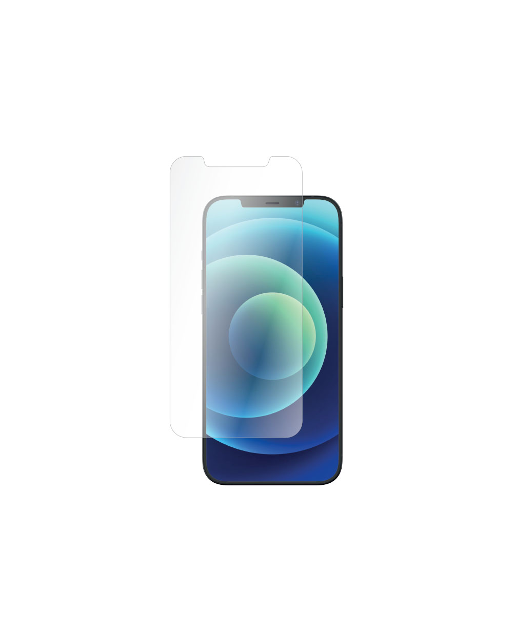 Een telefoon met een schermbeschermer. De telefoon is zwart. De beschermer is transparant en voor de telefoon.