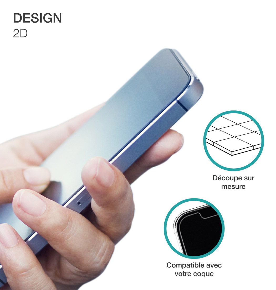 Een hand die een telefoon vasthoudt, met een schermbeschermer op maat gesneden. Er zijn diagrammen aan de zijkant.