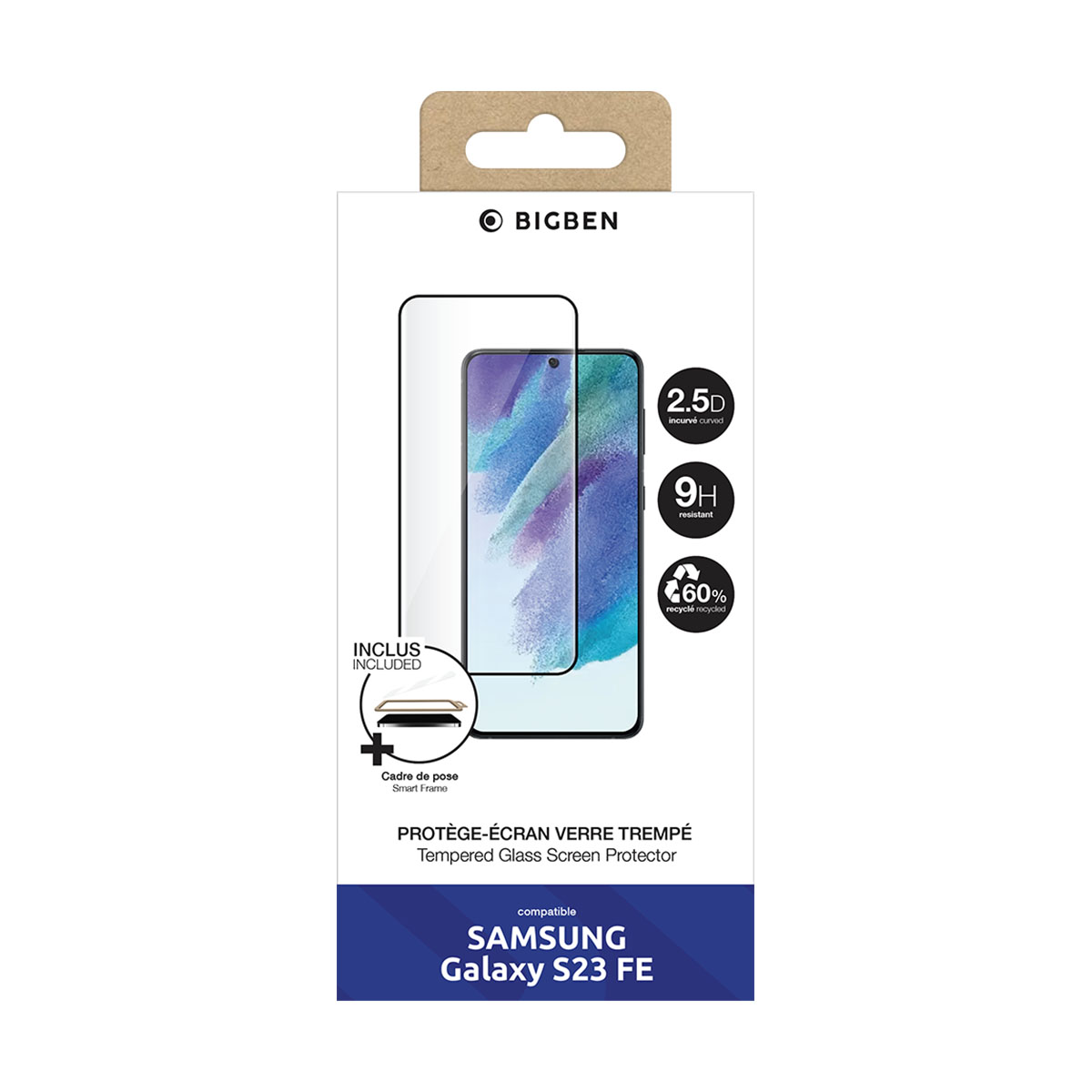 Boîte avec protecteur d'écran pour un Samsung Galaxy S23 FE. La boîte a le téléphone et le protecteur.
