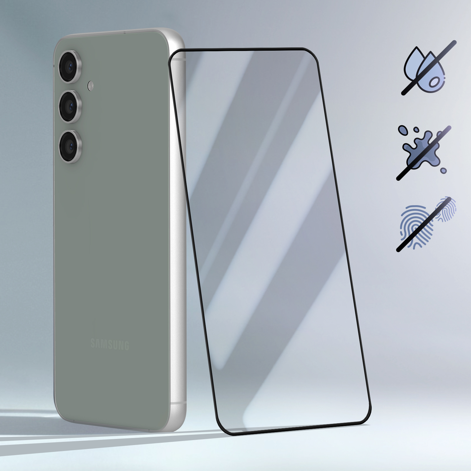 Téléphone vert avec protecteur d'écran. Icônes indiquant la résistance à l'eau et aux empreintes.