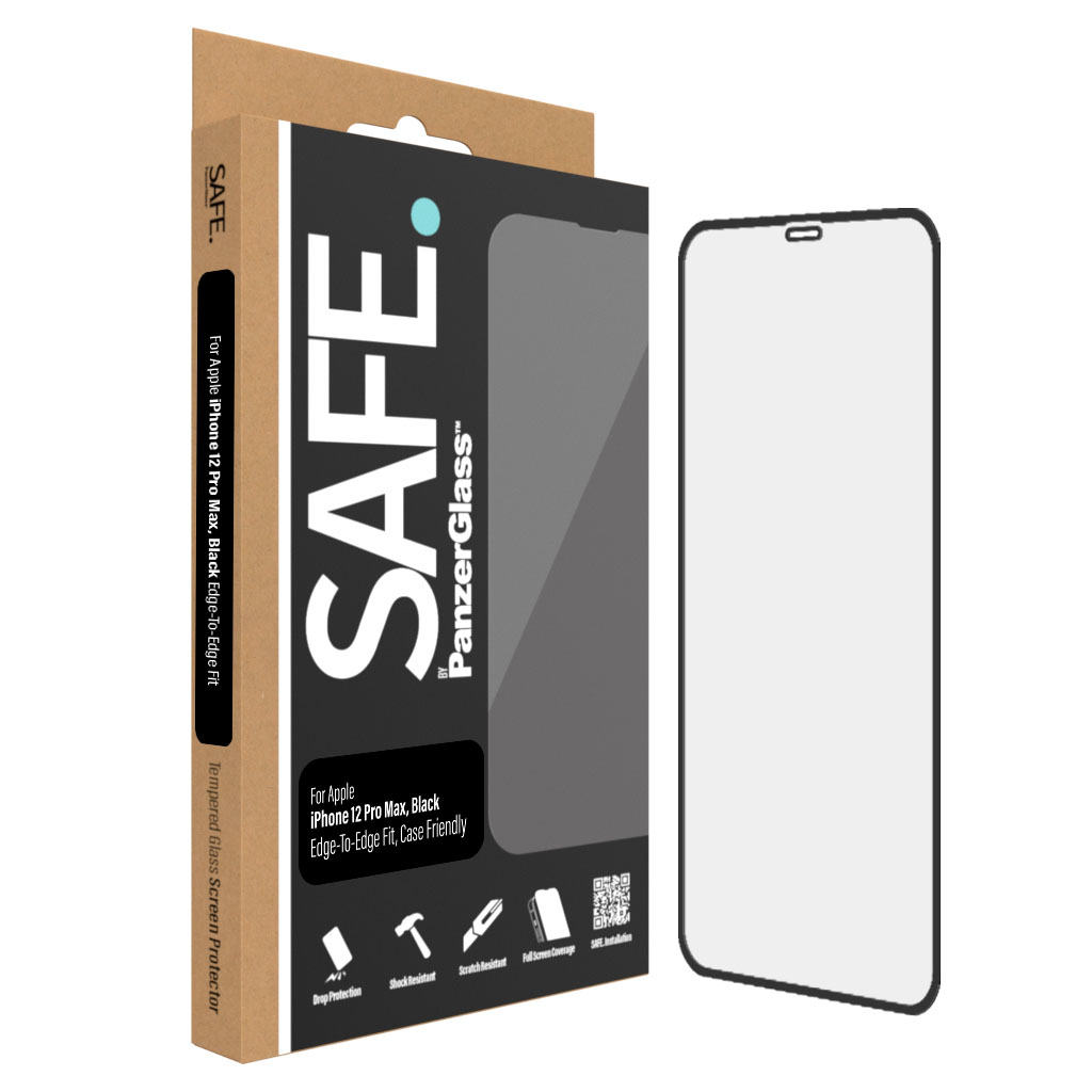 Scatola con protezione schermo per iPhone, confezione con testo 'SAFE' e 'PanzerGlass'.
