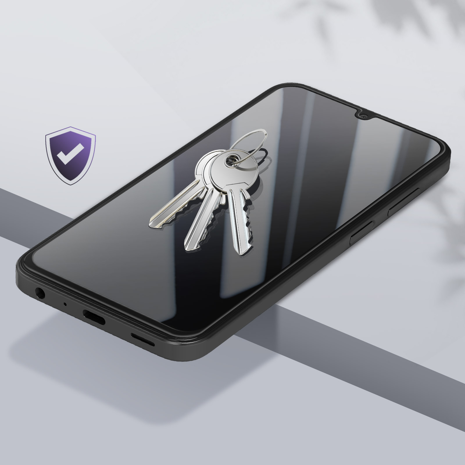 Smartphone con chiavi sullo schermo, con icona scudo a sinistra.