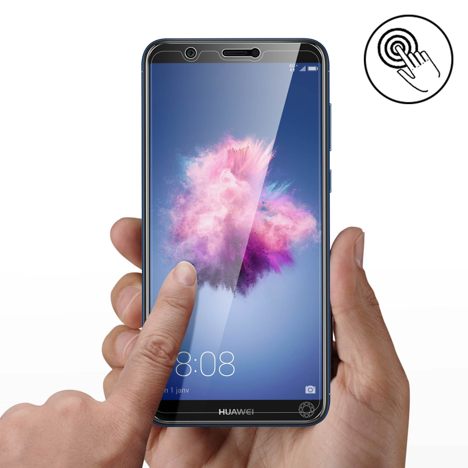 Mano che tocca lo schermo del telefono con la protezione. Il telefono mostra l'ora e uno sfondo colorato. Icona tocco sopra.