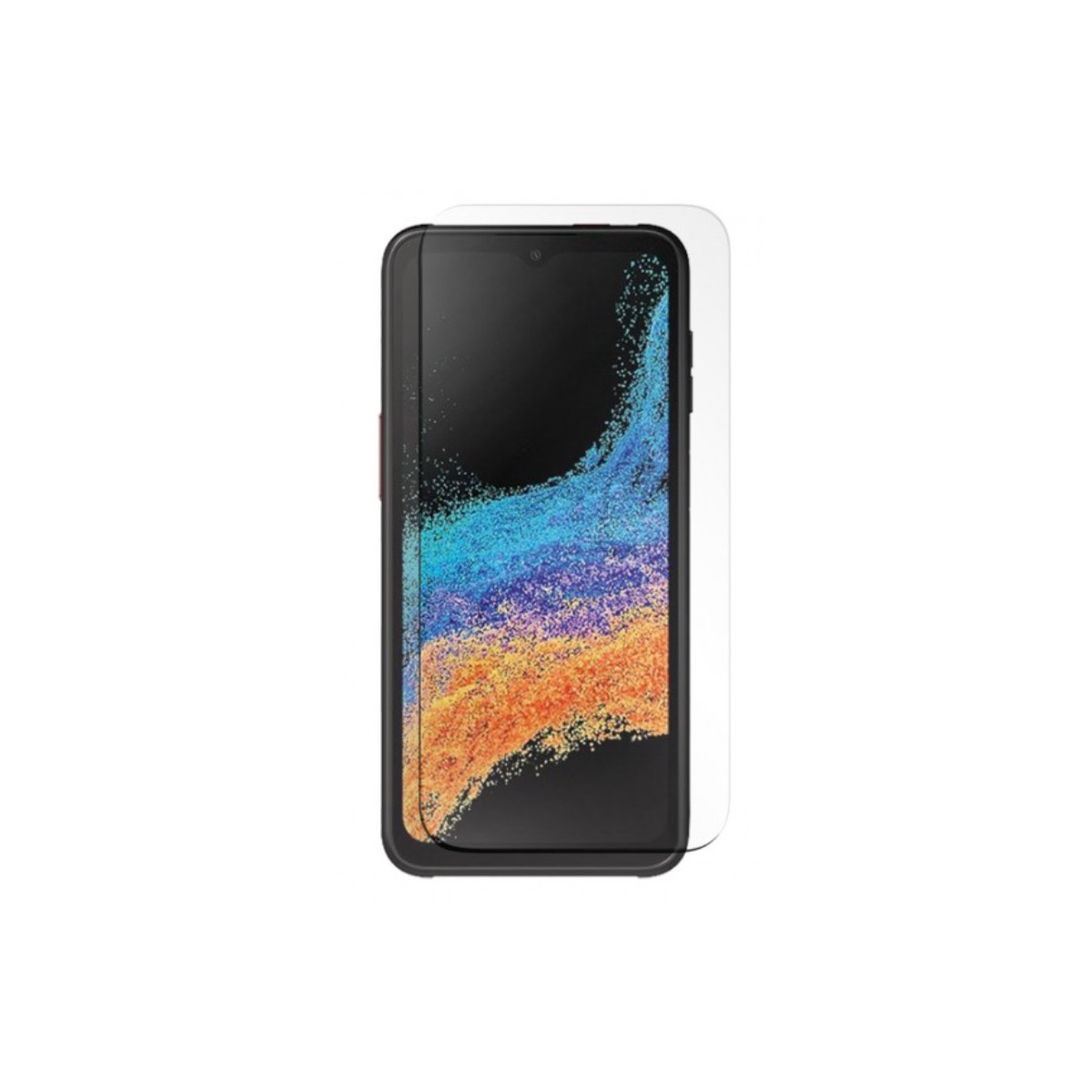 Telefono con protezione schermo, schermo colorato, sfondo bianco.