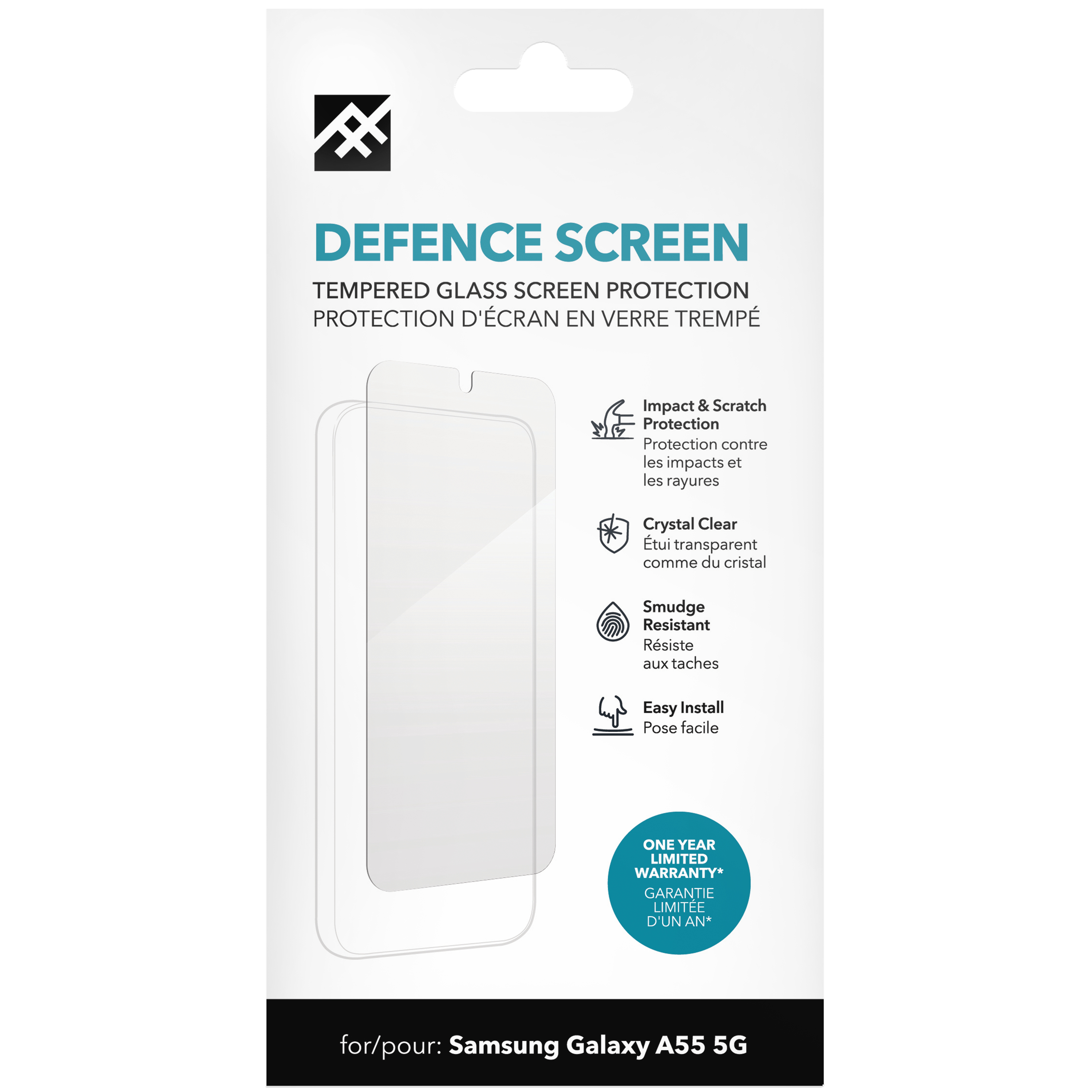 Confezione con protezione schermo. Testo e grafica. Sfondo bianco. Per Samsung Galaxy A55 5G.