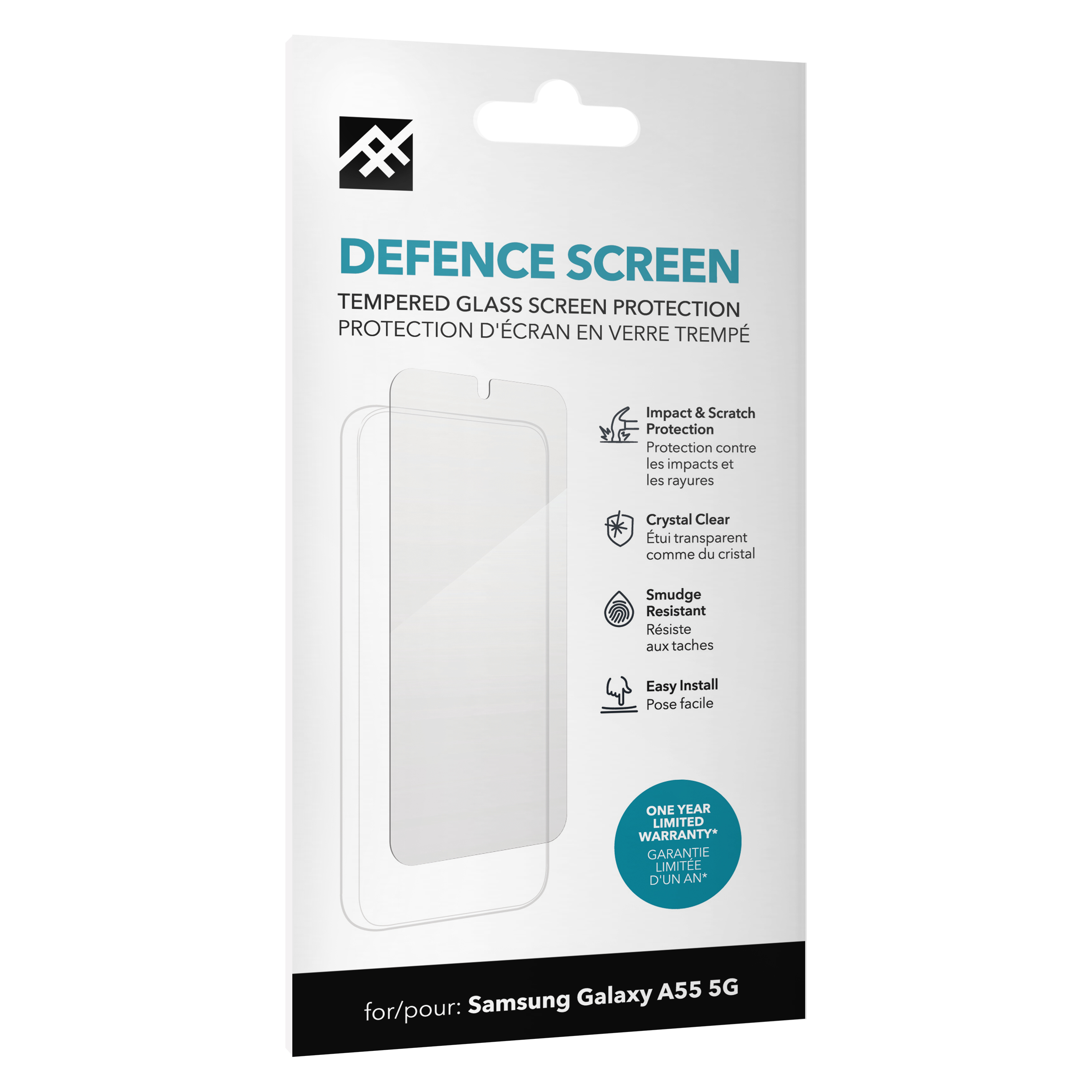 Confezione con protezione schermo. Testo e grafica. Sfondo bianco. Per Samsung Galaxy A55 5G.