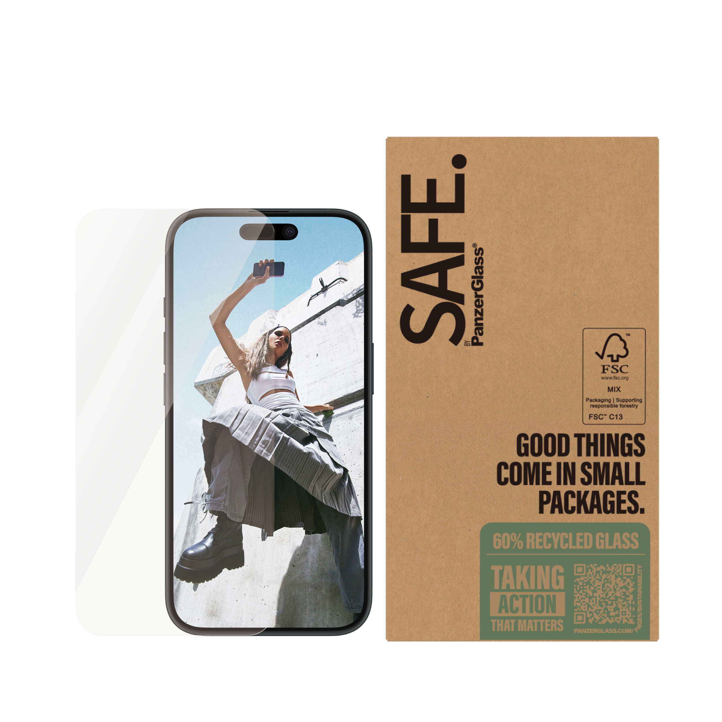 Un telefono con protezione schermo sovrapposta, con sfondo.