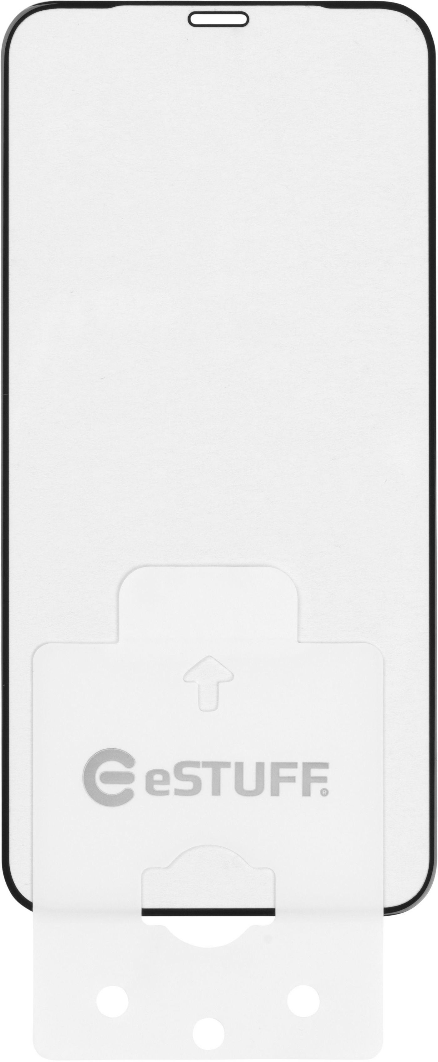 Una protezione schermo con un ritaglio a forma di telefono. Il telefono è in un supporto bianco.