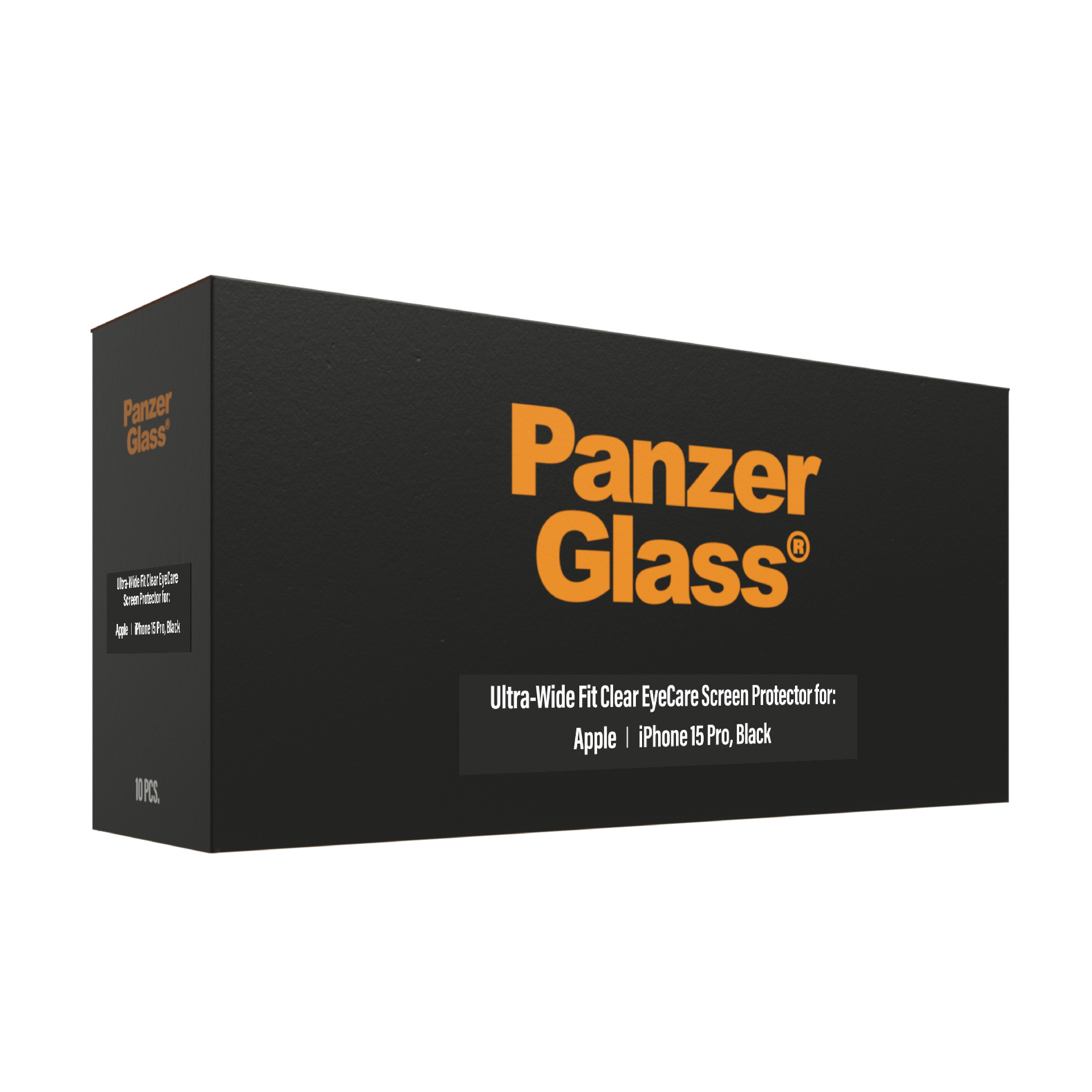 Una scatola nera con scritto 'Panzer Glass'. Il testo è arancione e la scatola è per iPhone 15 Pro, Nero.