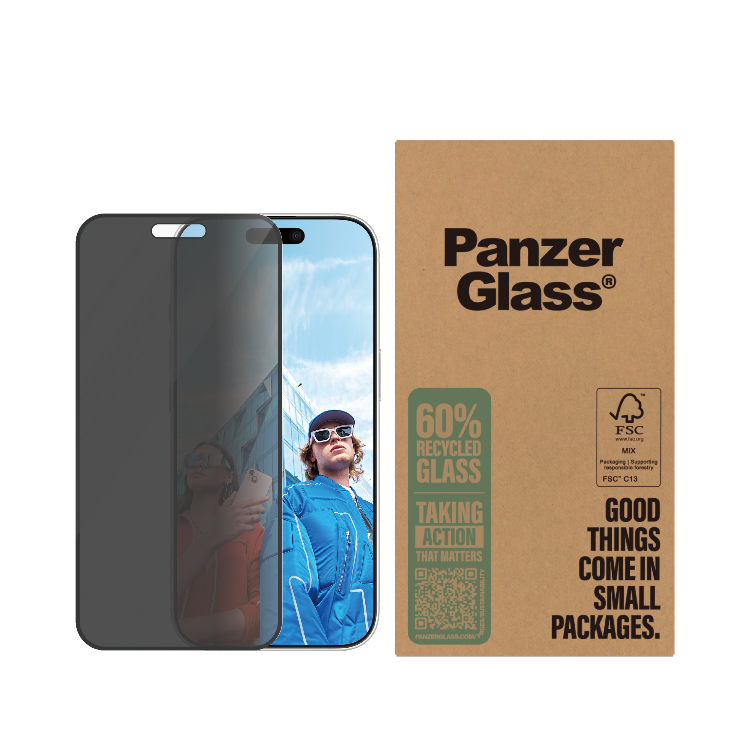 Telefon z ochraniaczem ekranu. Ludzie w tle. Brązowe pudełko. Białe tło.
