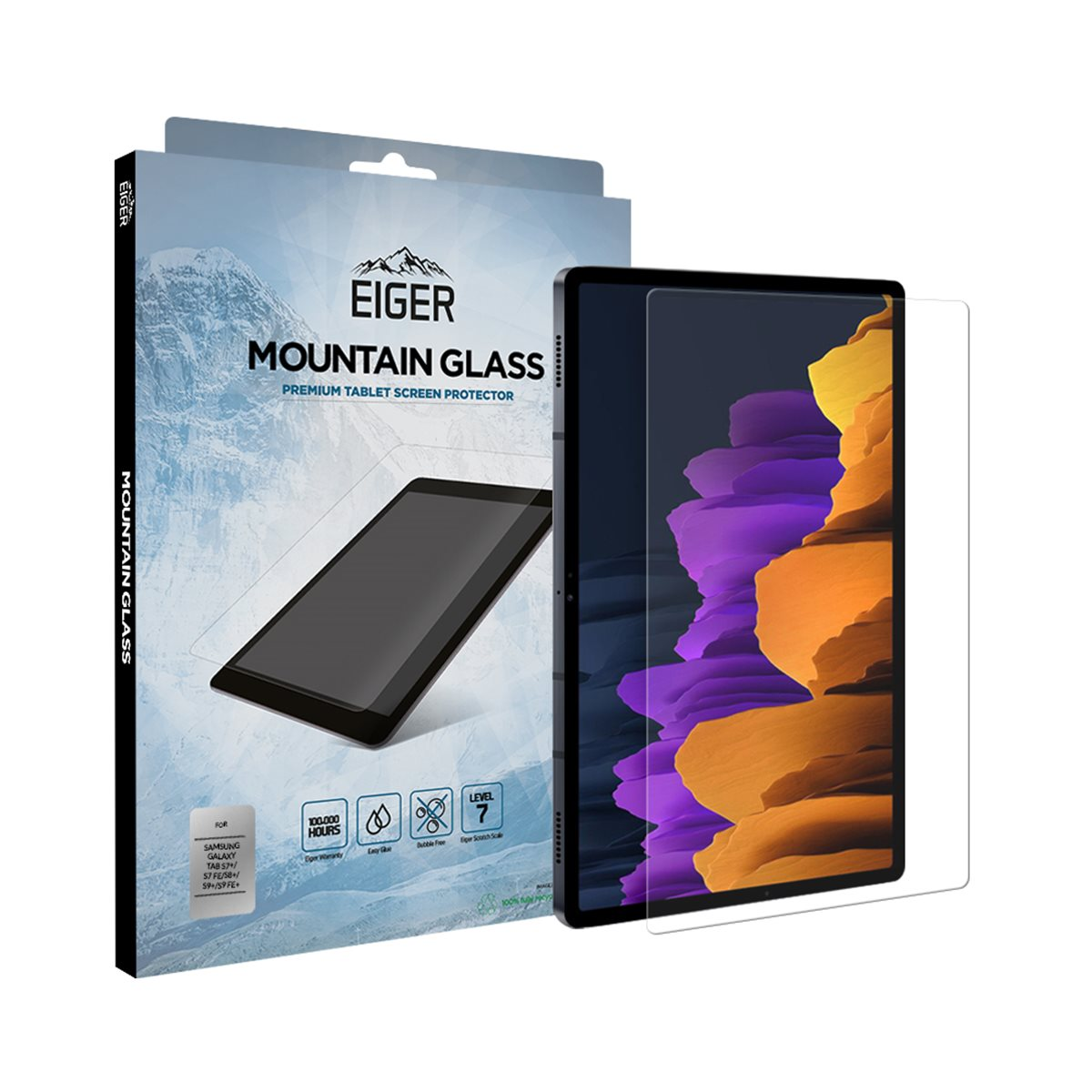 Tablet con protezione schermo. Scatola. Sfondo bianco.