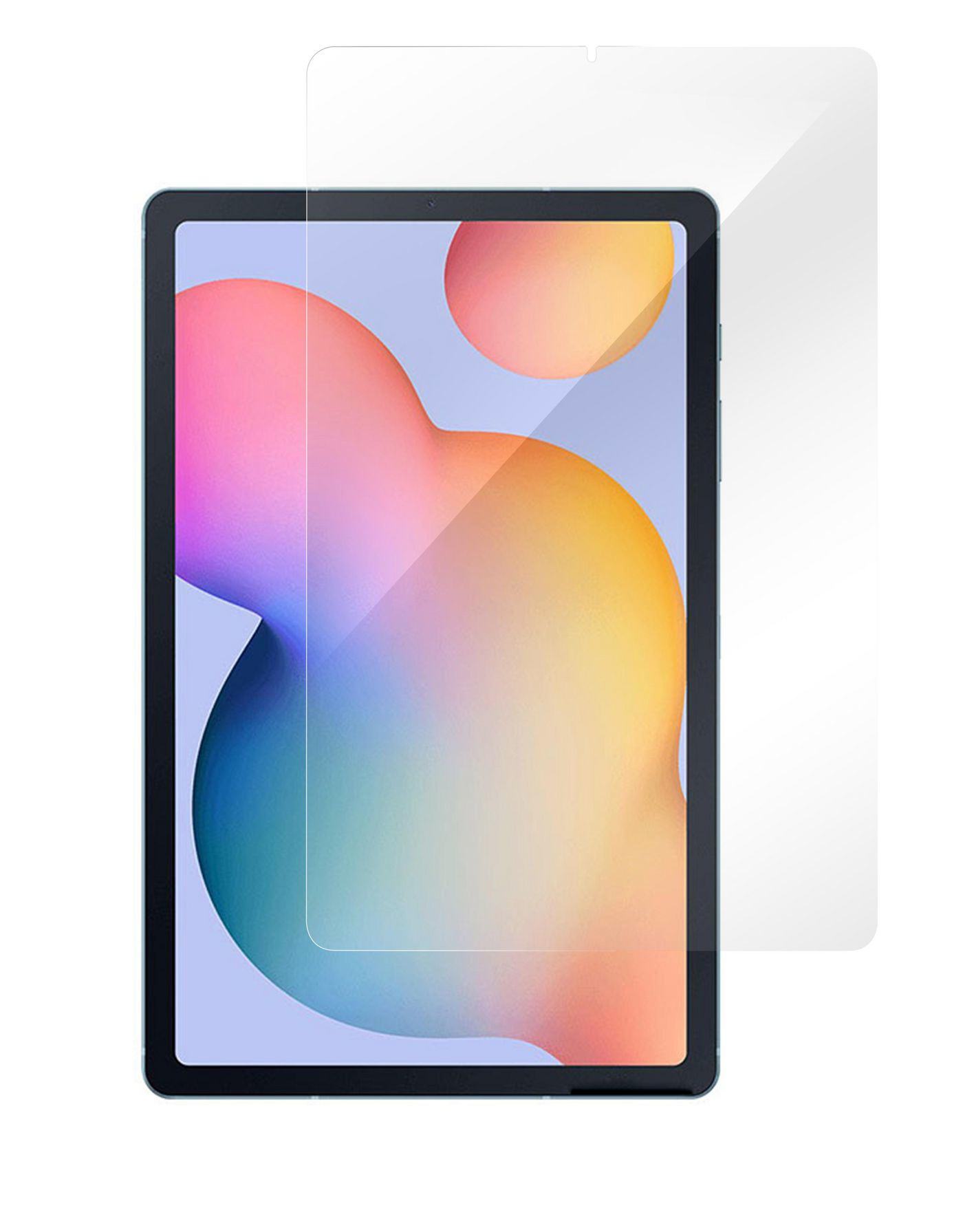 Un tablet con una protezione per lo schermo. Lo schermo mostra forme colorate. Sfondo bianco.