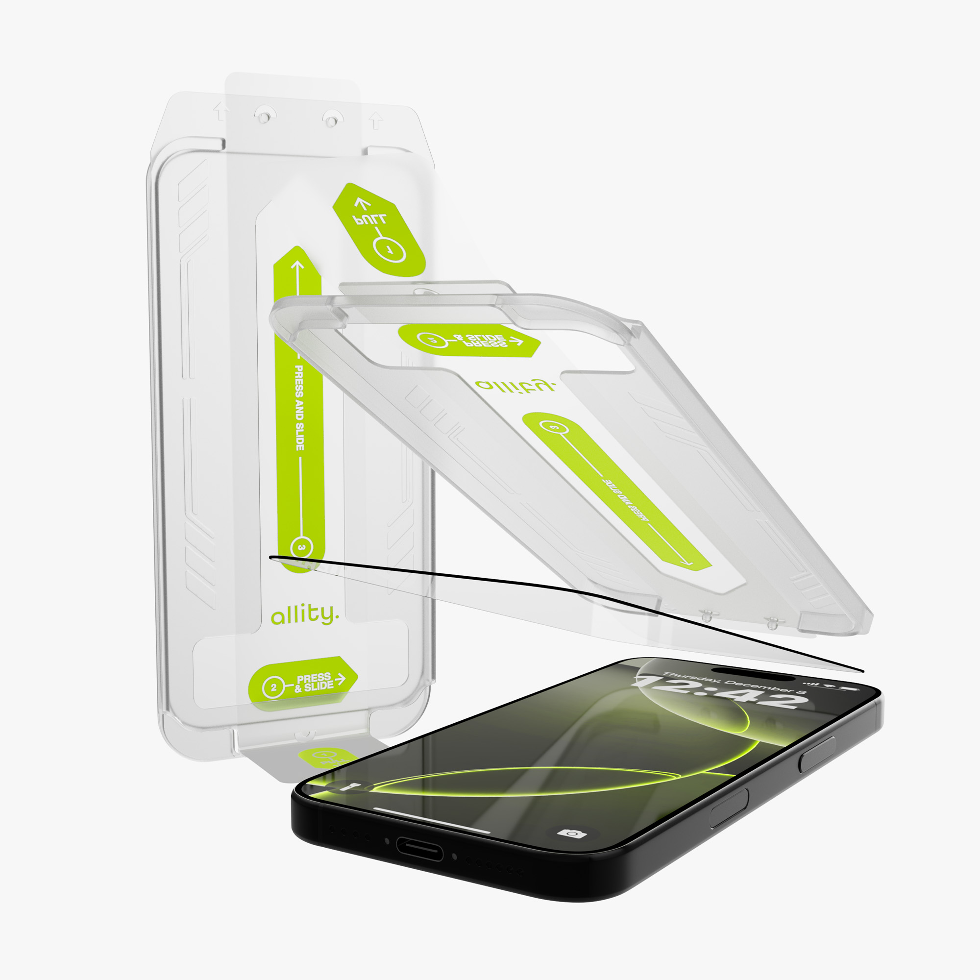 Smartfon z ochraniaczem ekranu, białą tacką i zestawem do czyszczenia. Białe tło.