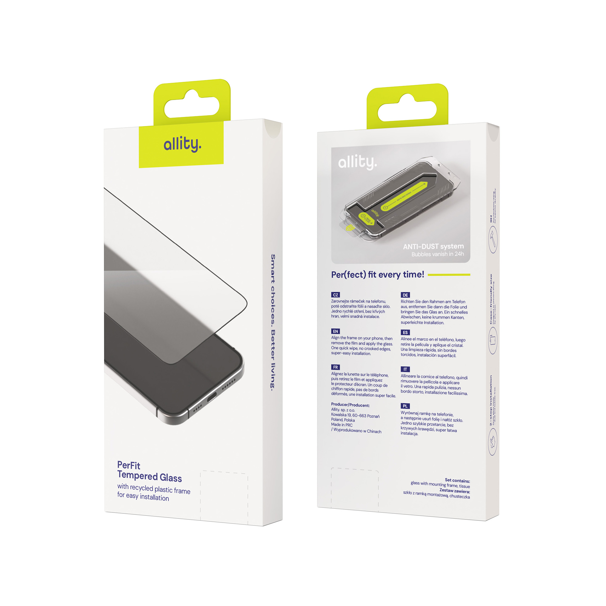 Białe pudełko z ochraniaczem ekranu, tekstem i zieloną zawieszką.