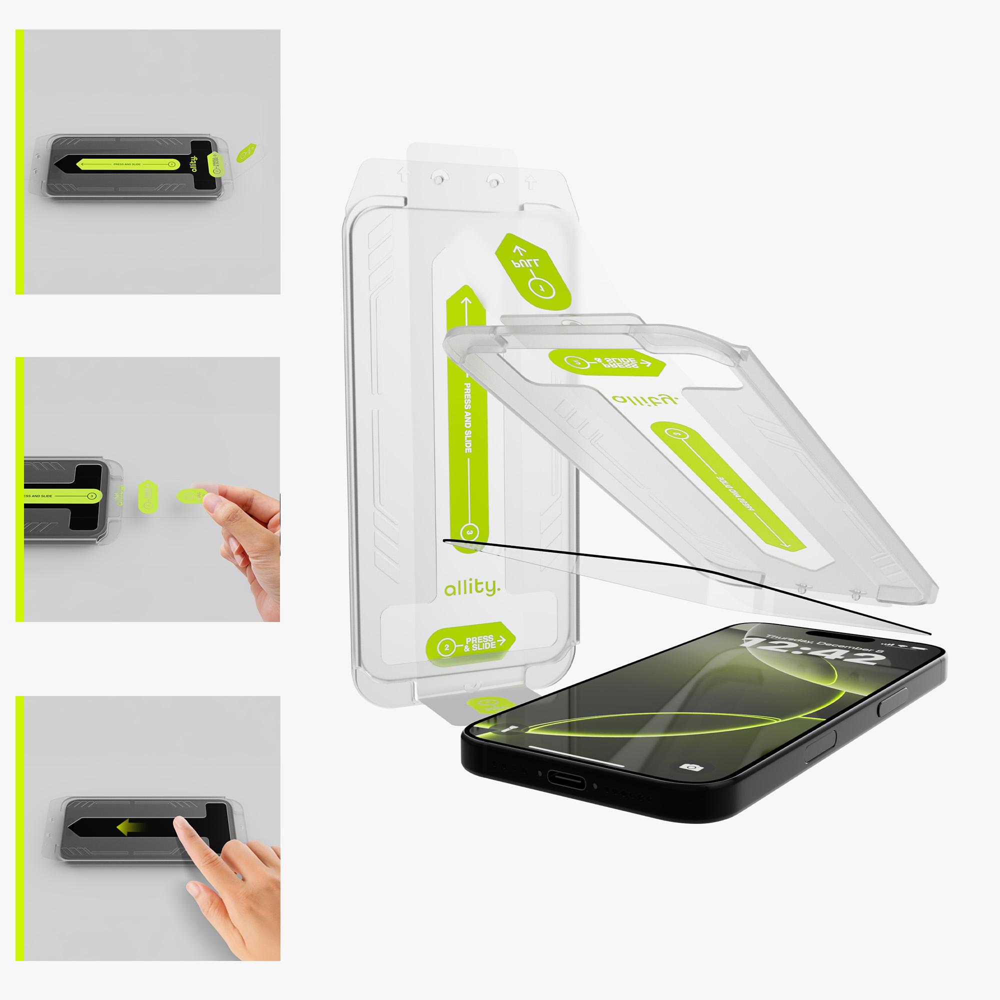 Instrukcja instalacji ochraniacza ekranu z telefonem, zestawem i białym tłem.