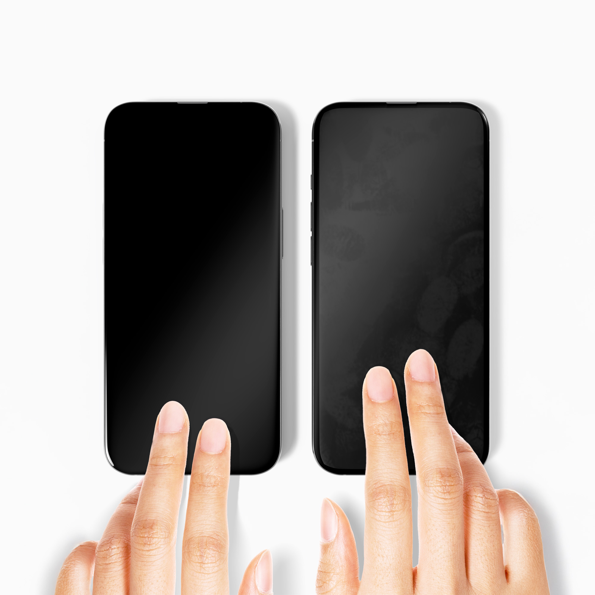 Dwa telefony obok siebie, dłonie dotykające ich ekranów. Prawy ekran wydaje się ciemniejszy.