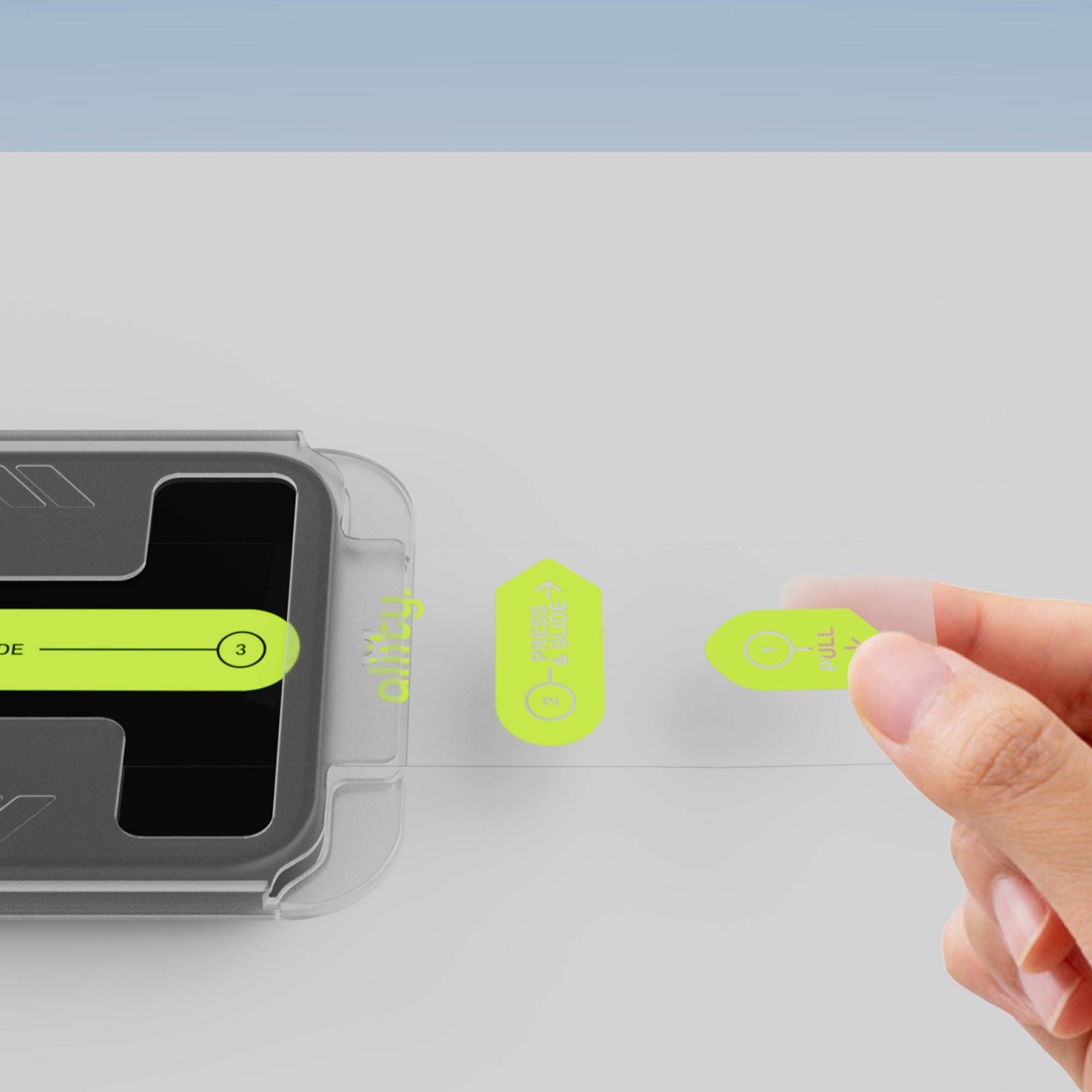 Zbliżenie instalacji ochraniacza ekranu z białym i niebieskim tłem.