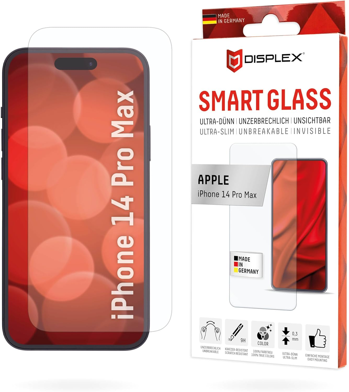 Telefono con proteggi schermo e scatola. Protezione schermo rossa. Sfondo bianco.