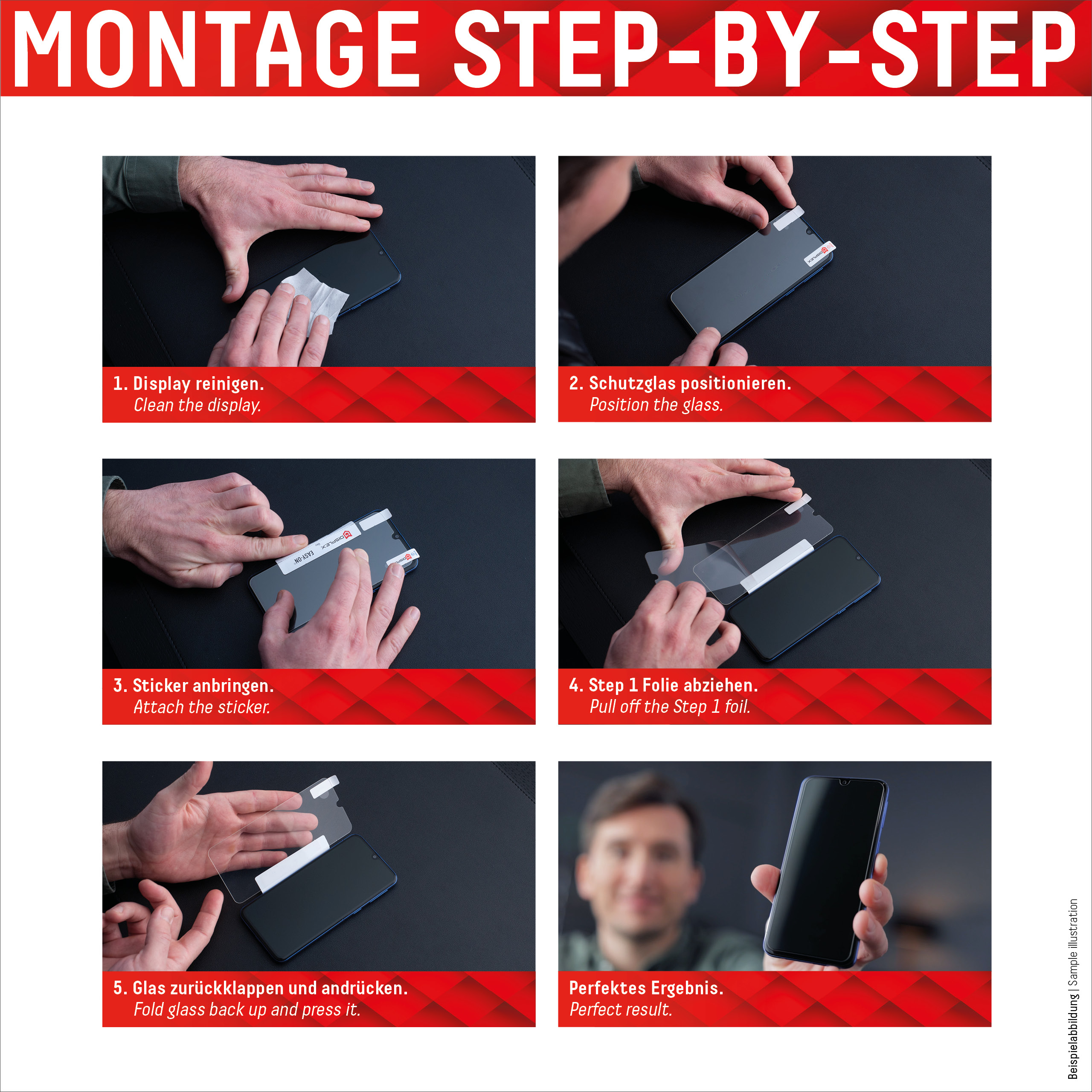 Guida passo-passo per applicazione protezione schermo. Mani, telefono, panno.