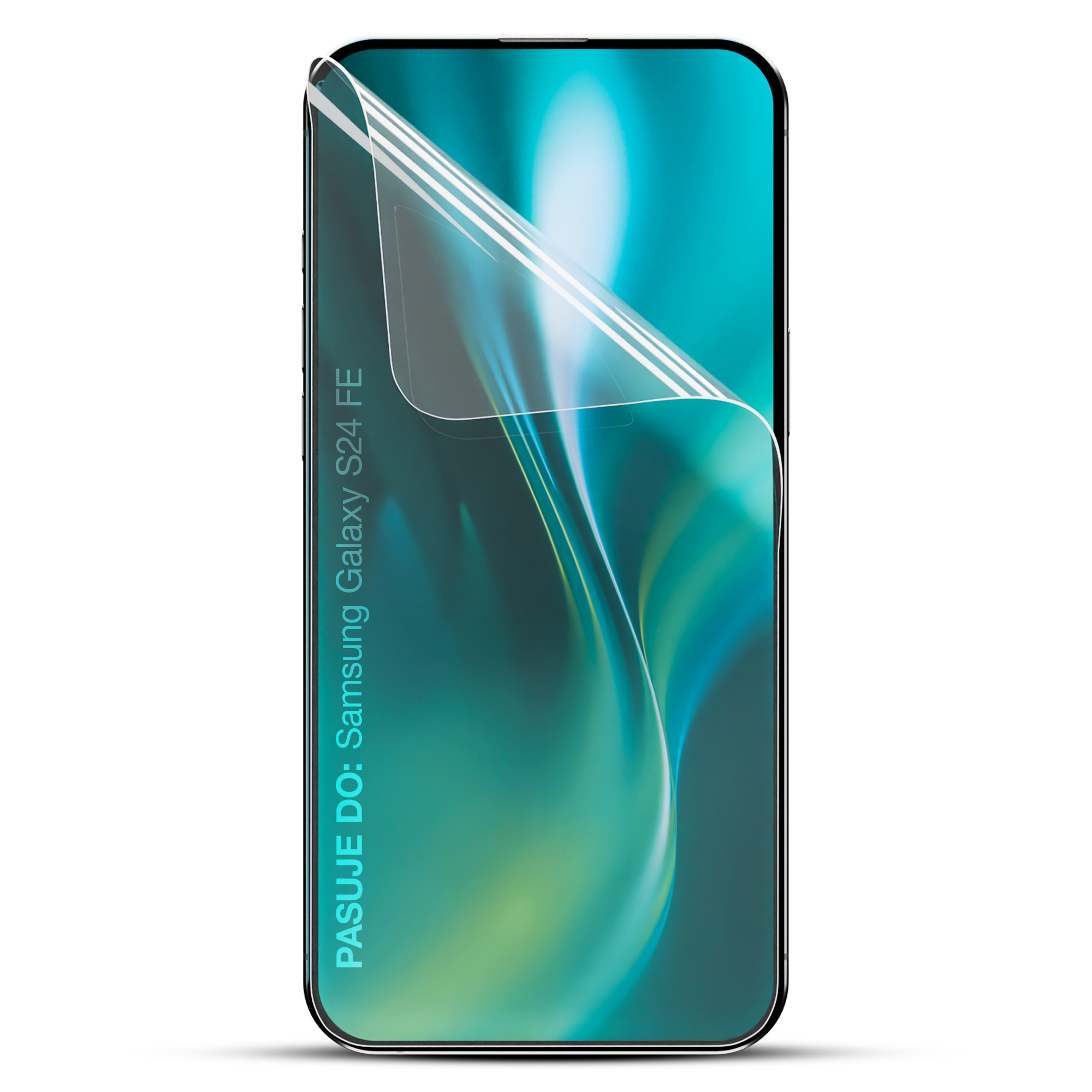 Telefon z ochraniaczem ekranu. Zakrzywiony ekran, zielona tapeta, tekst: 'Pasuje do: Samsung Galaxy S24 FE'.