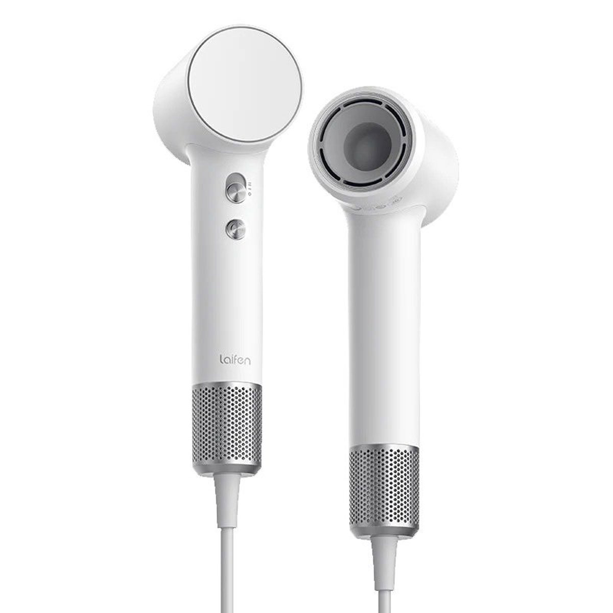 Set di auricolari bianchi. Due unità auricolari, posizionate a destra. Colore bianco. Design moderno.