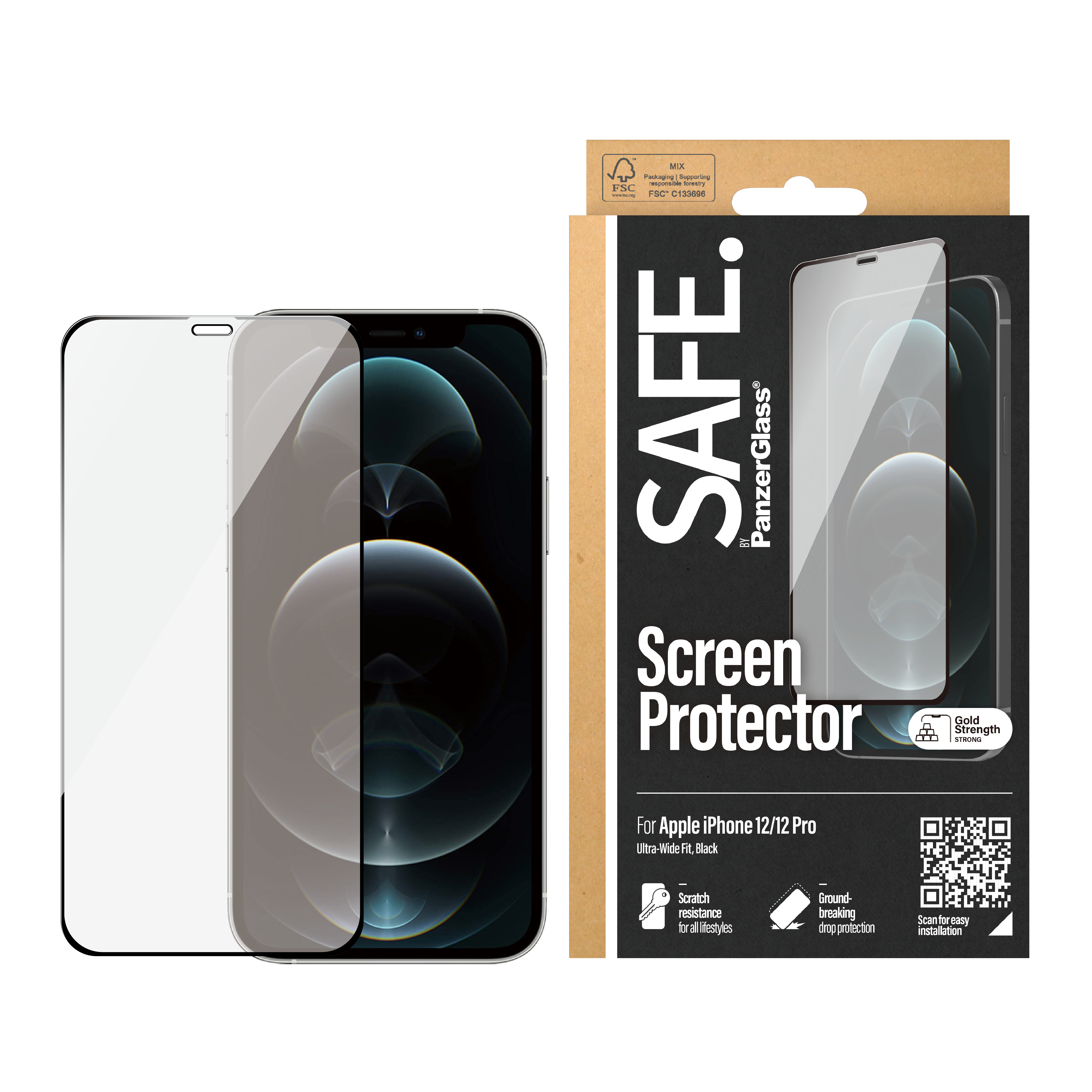 Ochraniacz ekranu Safe PanzerGlass i iPhone. Przezroczysty ochraniacz i iPhone 12/12 Pro na wyświetlaczu.
