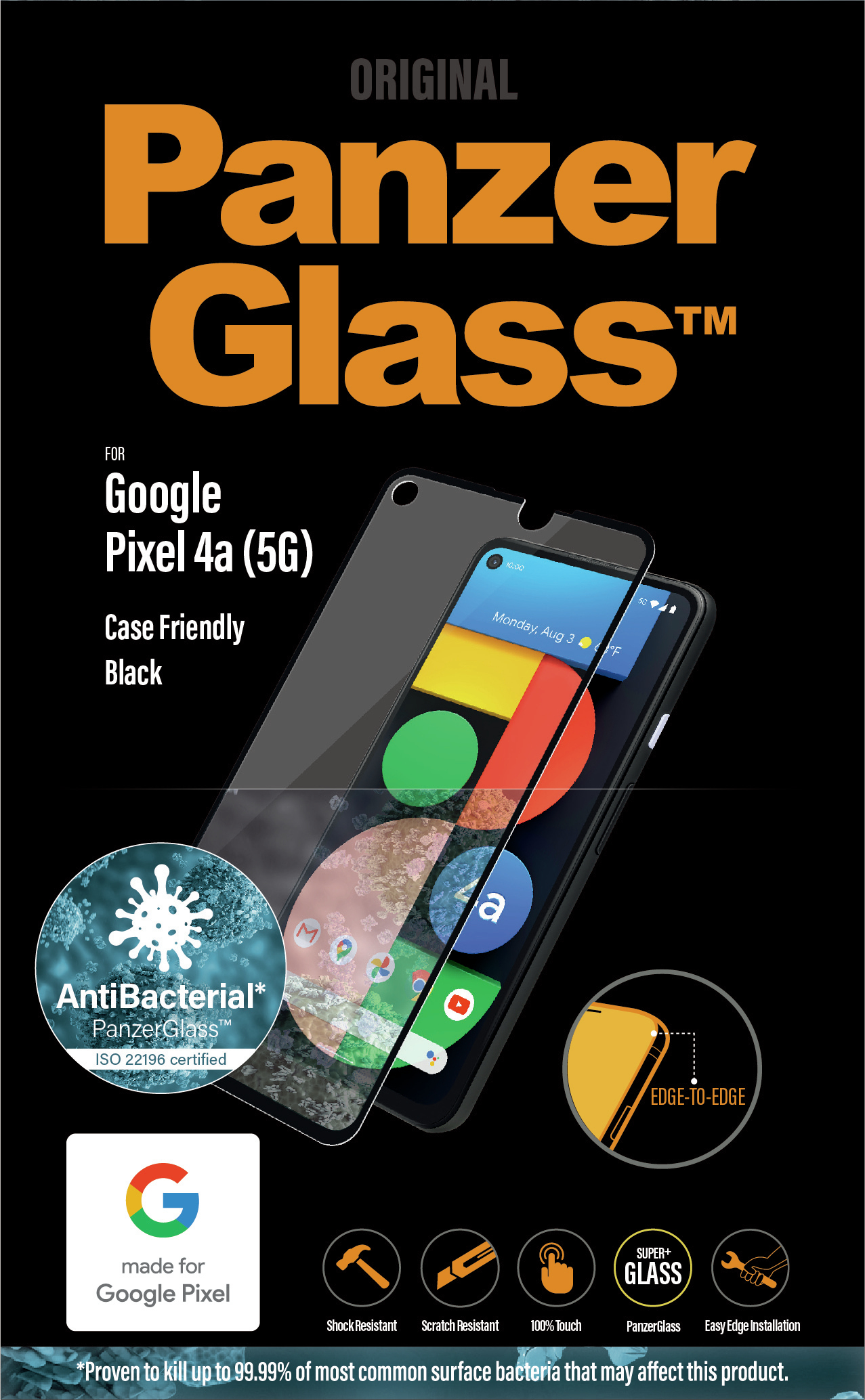 PanzerGlass Displayschutz für Google Pixel 4a (5G). Schwarze Verpackung zeigt Telefon und Schutz.