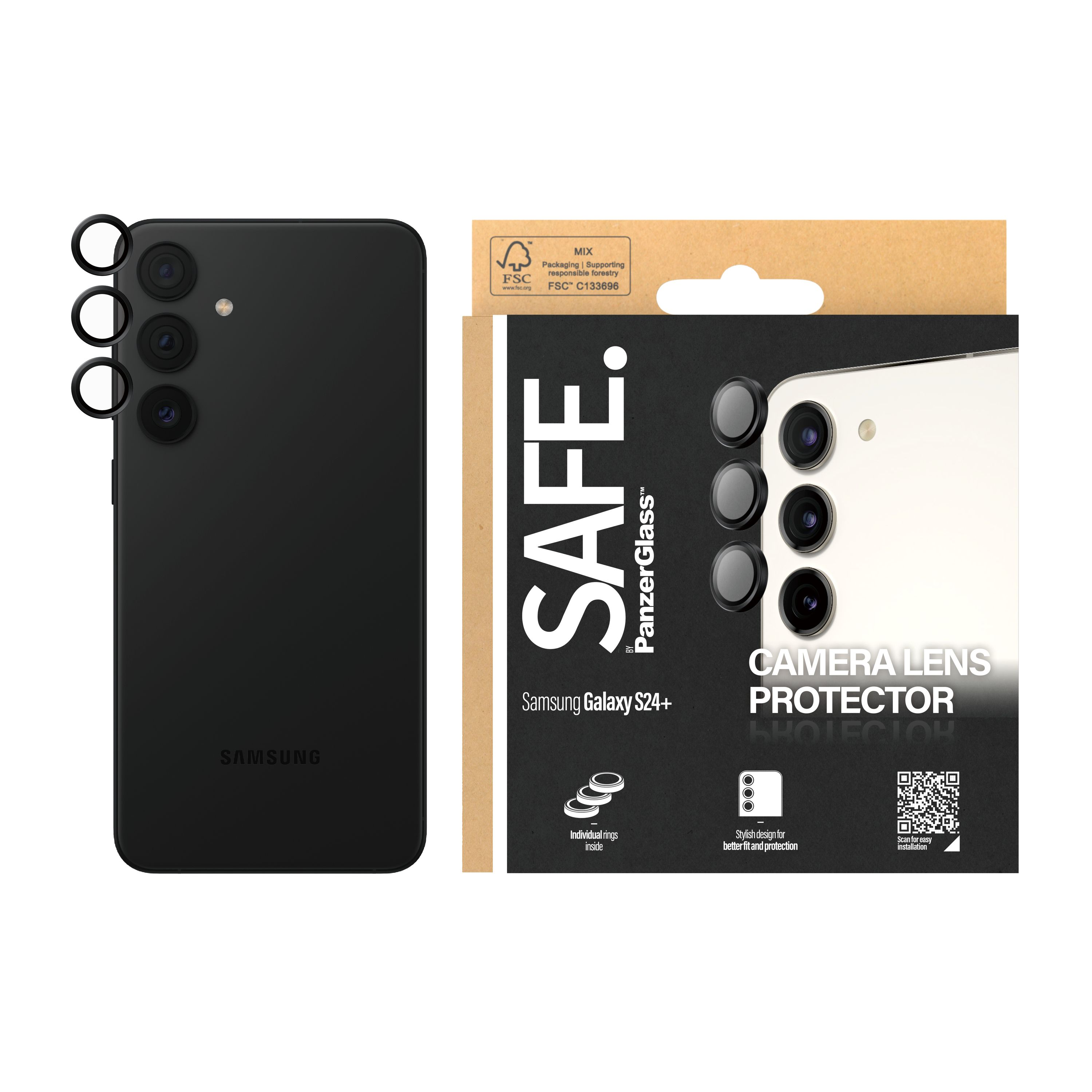 Un telefono nero con protezione per lenti della fotocamera e scatola del prodotto a destra.