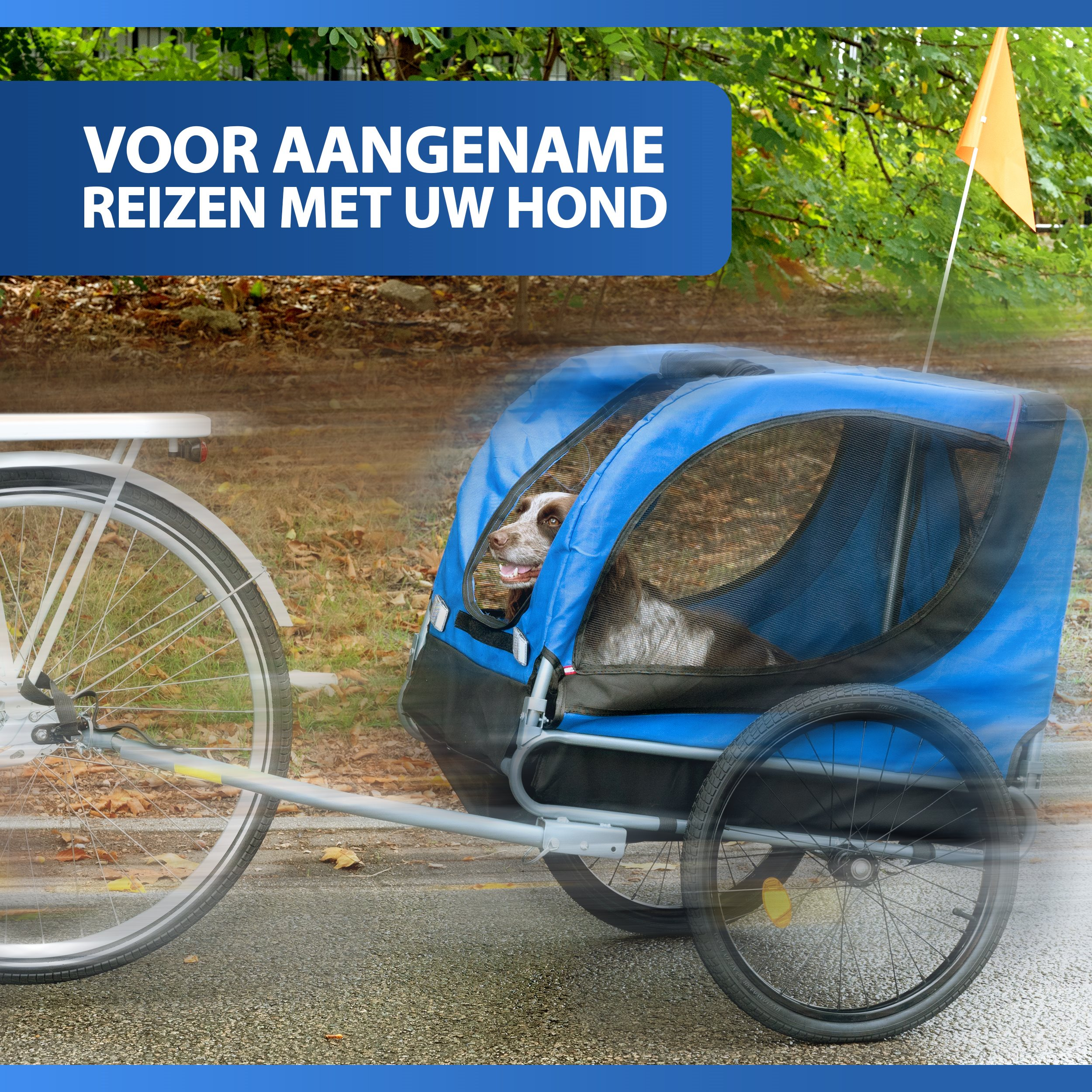 A dog in a blue trailer attached to a bicycle. The trailer has a flag and a mesh window.