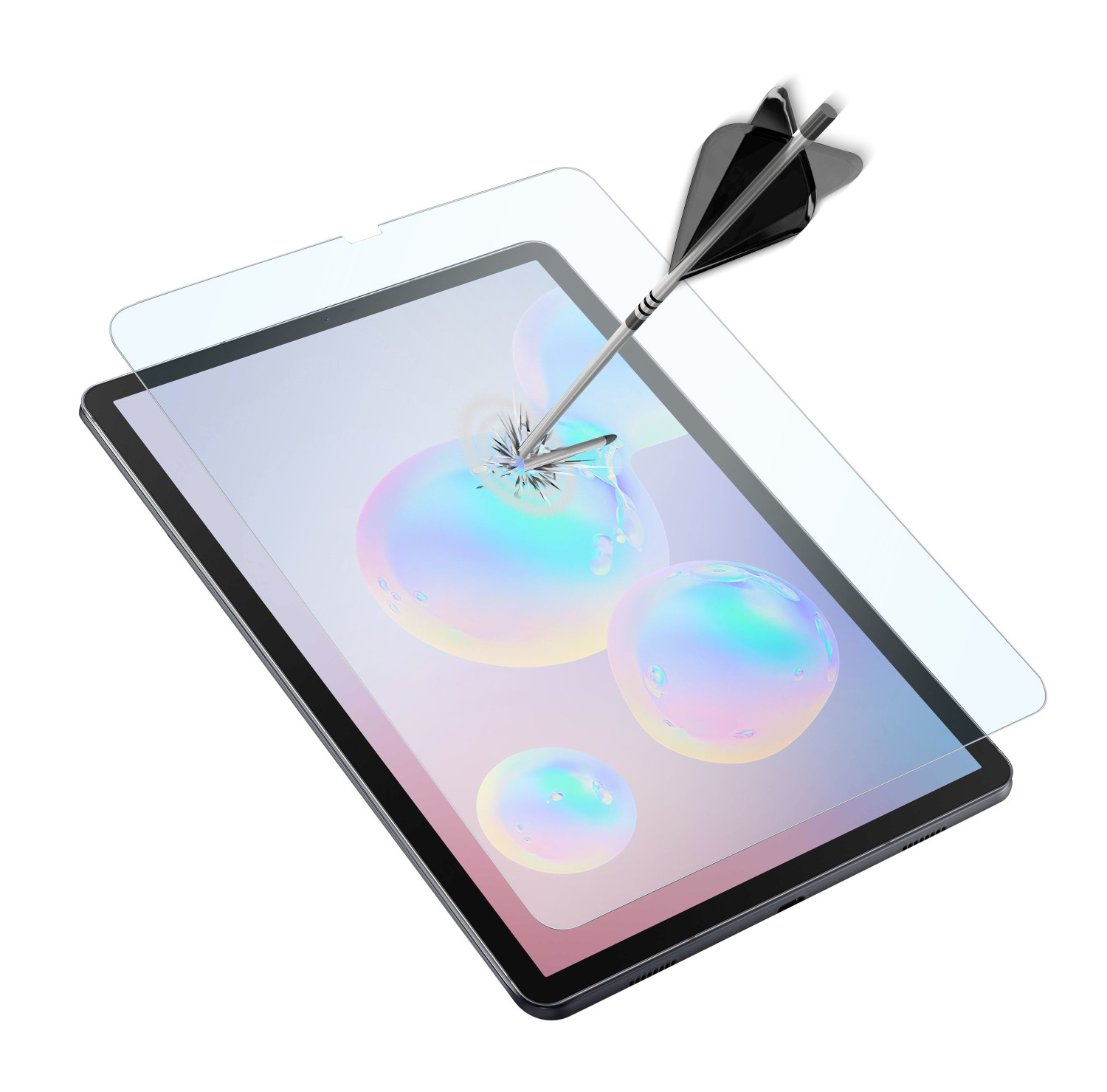Un tablet con la protezione schermo forata da una freccia. Protezione trasparente.